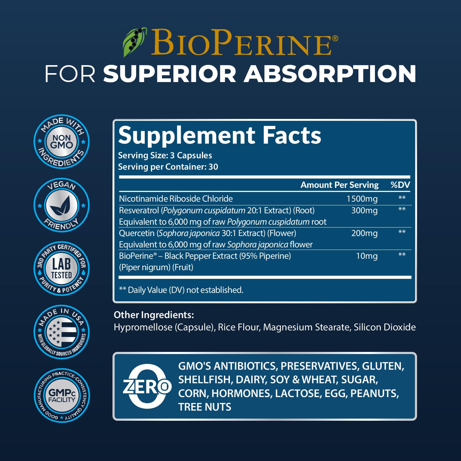 NAD+ Supplement with Nicotinamide Riboside, Resveratrol, Quercetin & BioPerine® | High Absorption