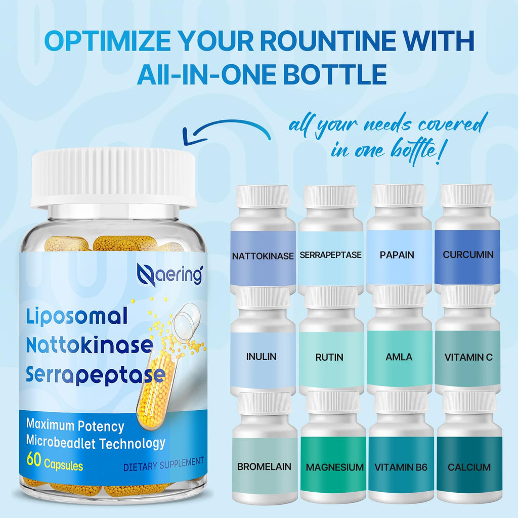 Naering Liposomal Nattokinase 12,000 FU + Serrapeptase 360,000 SPU – 60 Capsules (2 Bottles)
