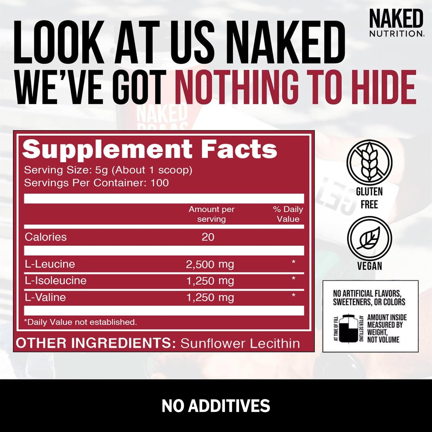NAKED BCAAs Amino Acids Powder – 500g, 2:1:1, Vegan, Unflavored, 100 Servings