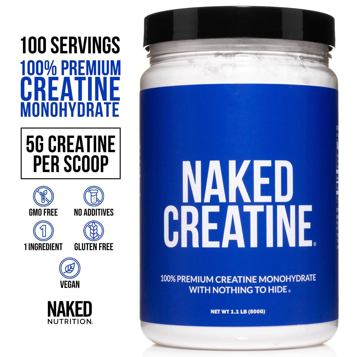 NAKED Pure Micronized Creatine Monohydrate Powder – Unflavored, 500g Bulk | Vegan, Non-GMO, Gluten-Free, Soy-Free | 100 Servings