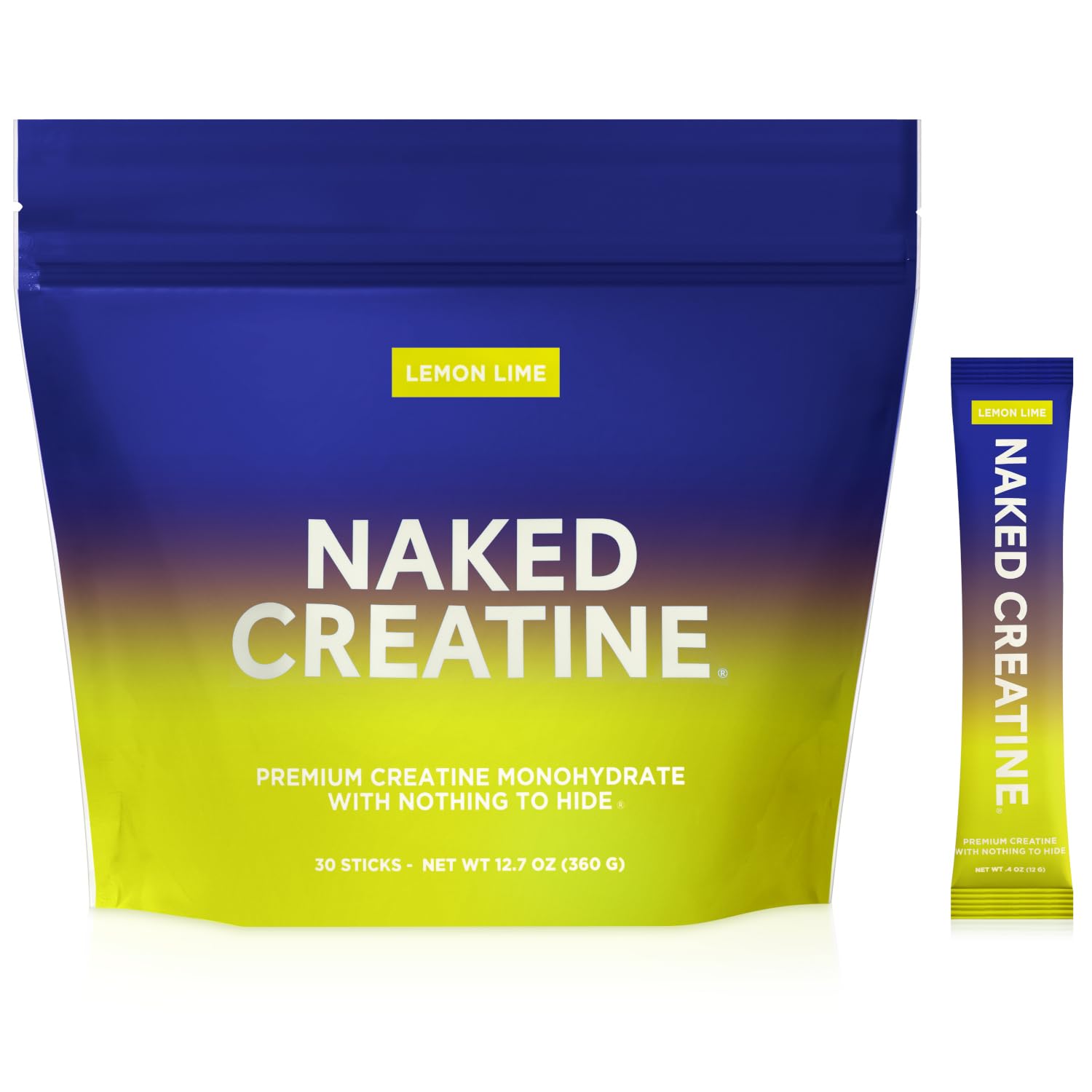 NAKED Pure Lemon Lime Creatine Monohydrate Stick Packs — 30 Pack | Vegan, Non-GMO, Gluten Free