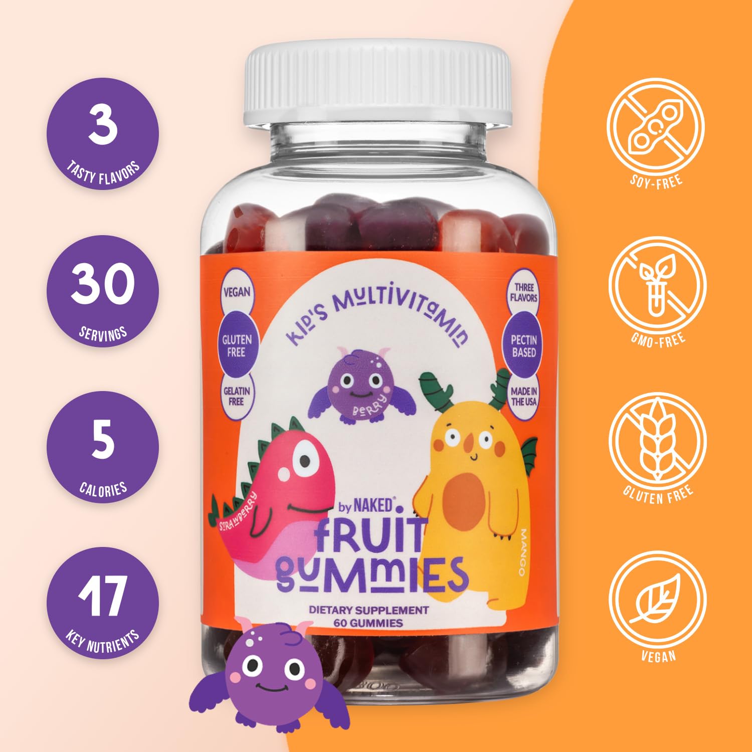 NAKED Nutrition Kids Vitamin Gummies – Made in USA, Gelatin Free, Vegan, GMO & Gluten Free | 30 Day Supply