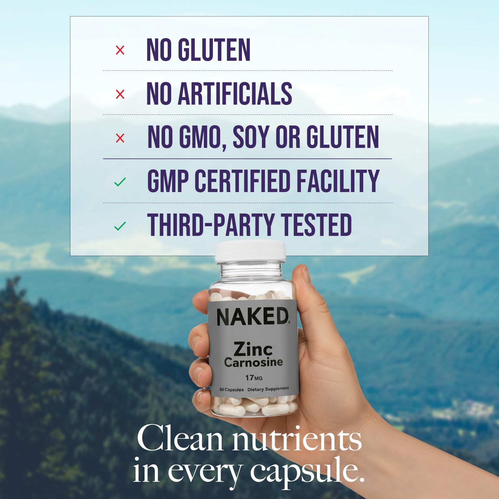Naked Zinc Carnosine - Gut Lining & Stomach Support, Immune Function | Vegan & Gluten-Free, 17mg, 60 Capsules