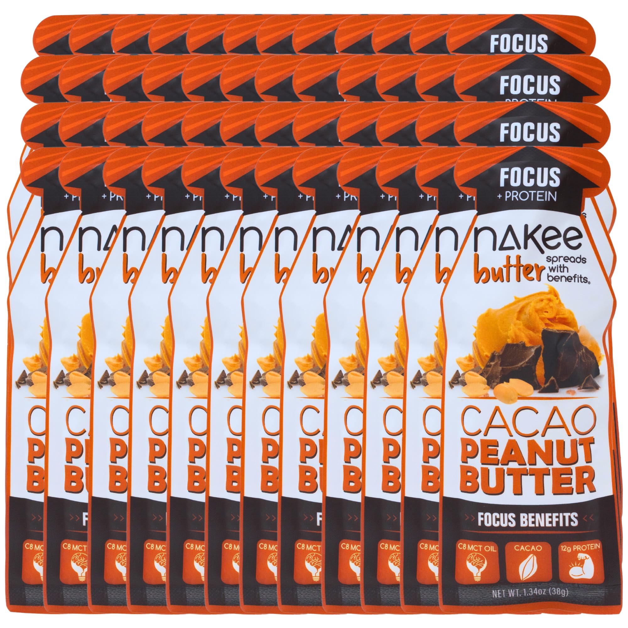 Nakee Butter Focus Cacao Peanut Butter – 12g Protein, C8 MCT Oil, Gluten-Free Keto Spread | 48 Pack
