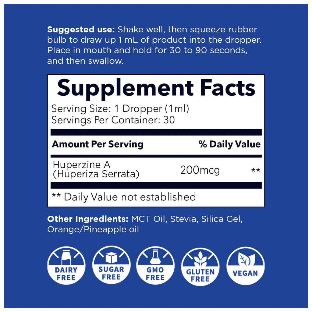 Nano HUPERZINE A – Nanosized Liquid, Instant Absorption, 6000 mcg per Bottle | 30 Servings | Non-GMO GMP Certified