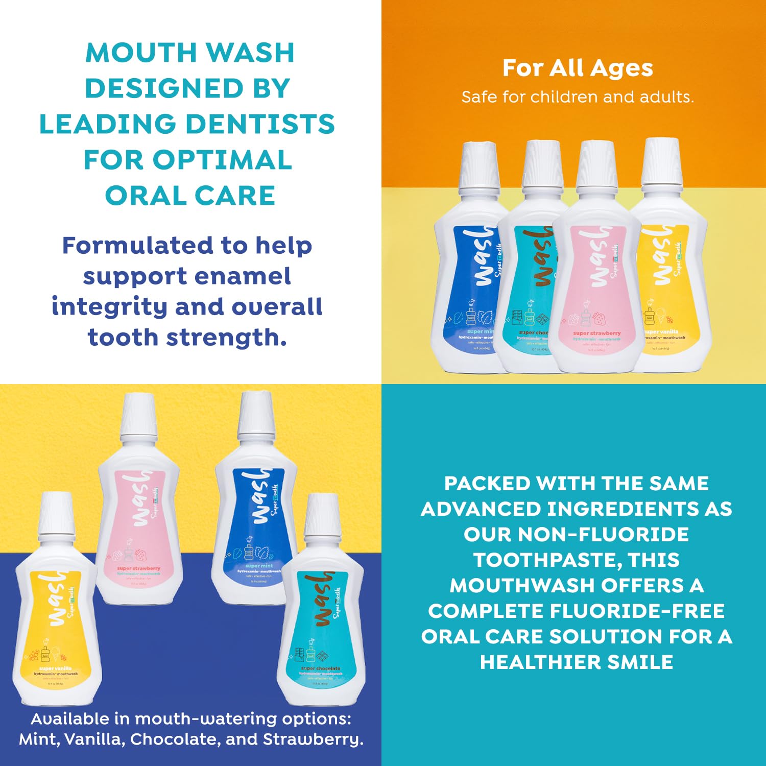 SuperMouth® Fluoride-Free Mouthwash – Nano-Hydroxyapatite, D3 & K2, Prebiotics, Alkaline pH 8.5, Alcohol-Free | 4 Flavors
