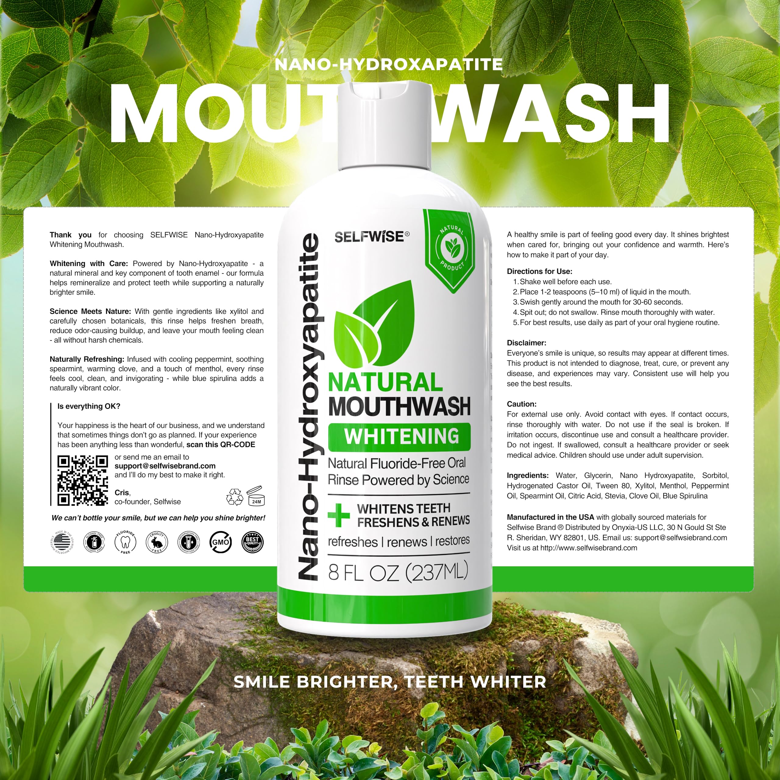 Nano-Hydroxyapatite Mouthwash with Xylitol – Fluoride-Free, Alcohol-Free, Gentle Whitening & Enamel Support