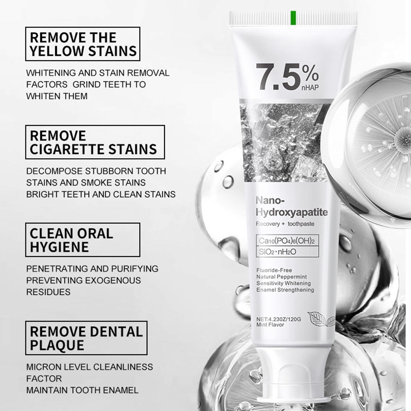 Nano-Hydroxyapatite Recovery Toothpaste 7.5% - Fluoride-Free, Sensitive Teeth Care, Peppermint Whitening (4.23 oz)