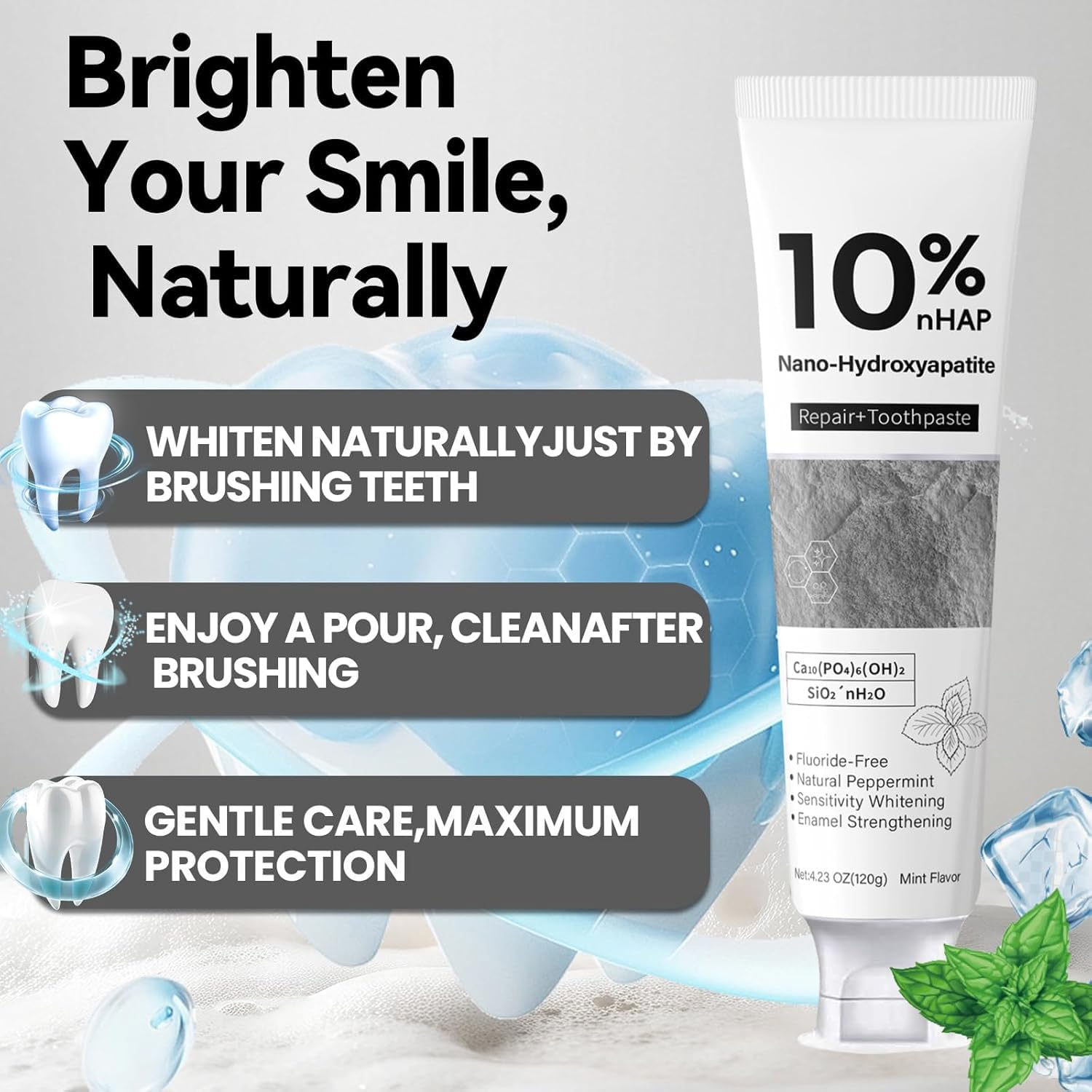 Nano-Hydroxyapatite Toothpaste - New Upgraded Formula, 10% NHA, Enamel Strengthening, Fluoride-Free, Gentle on Sensitive Teeth, 4.23oz