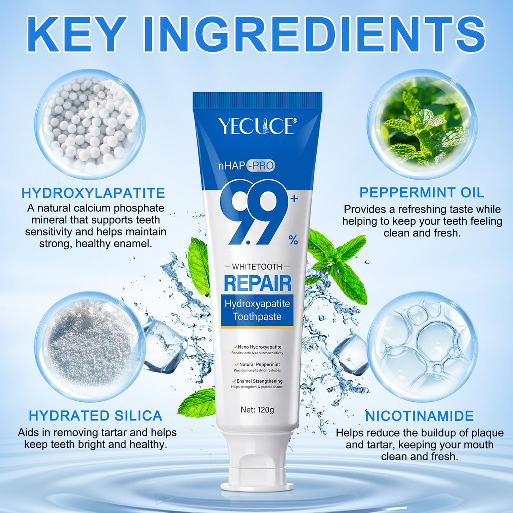 9.9% Nano Hydroxyapatite Toothpaste – Fluoride Free Enamel Repair, Natural Peppermint, 120g