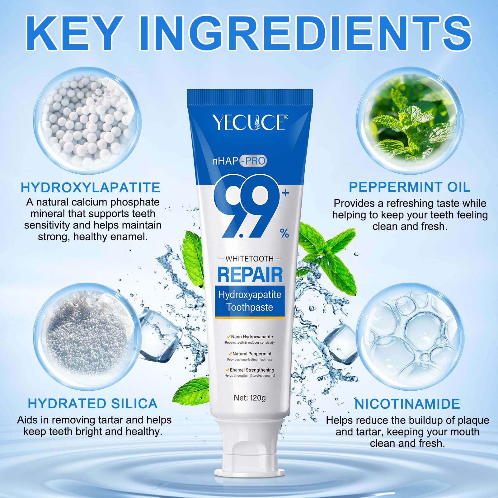 9.9% Nano Hydroxyapatite Toothpaste – Fluoride Free Enamel Repair, Natural Peppermint, 120g
