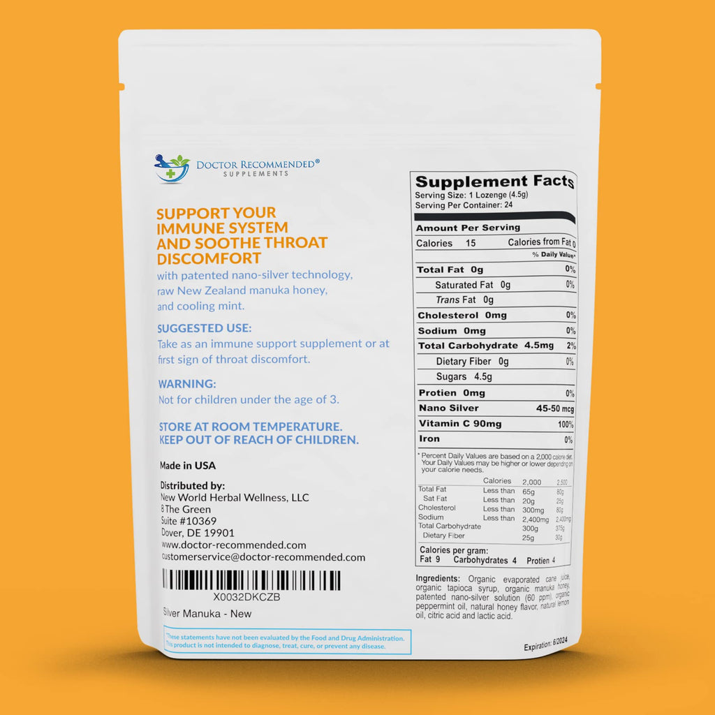 Silver Lozenges with Manuka Honey & Vitamin C – Nano Silver 60 PPM, 45-50mcg, 24 Lozenges
