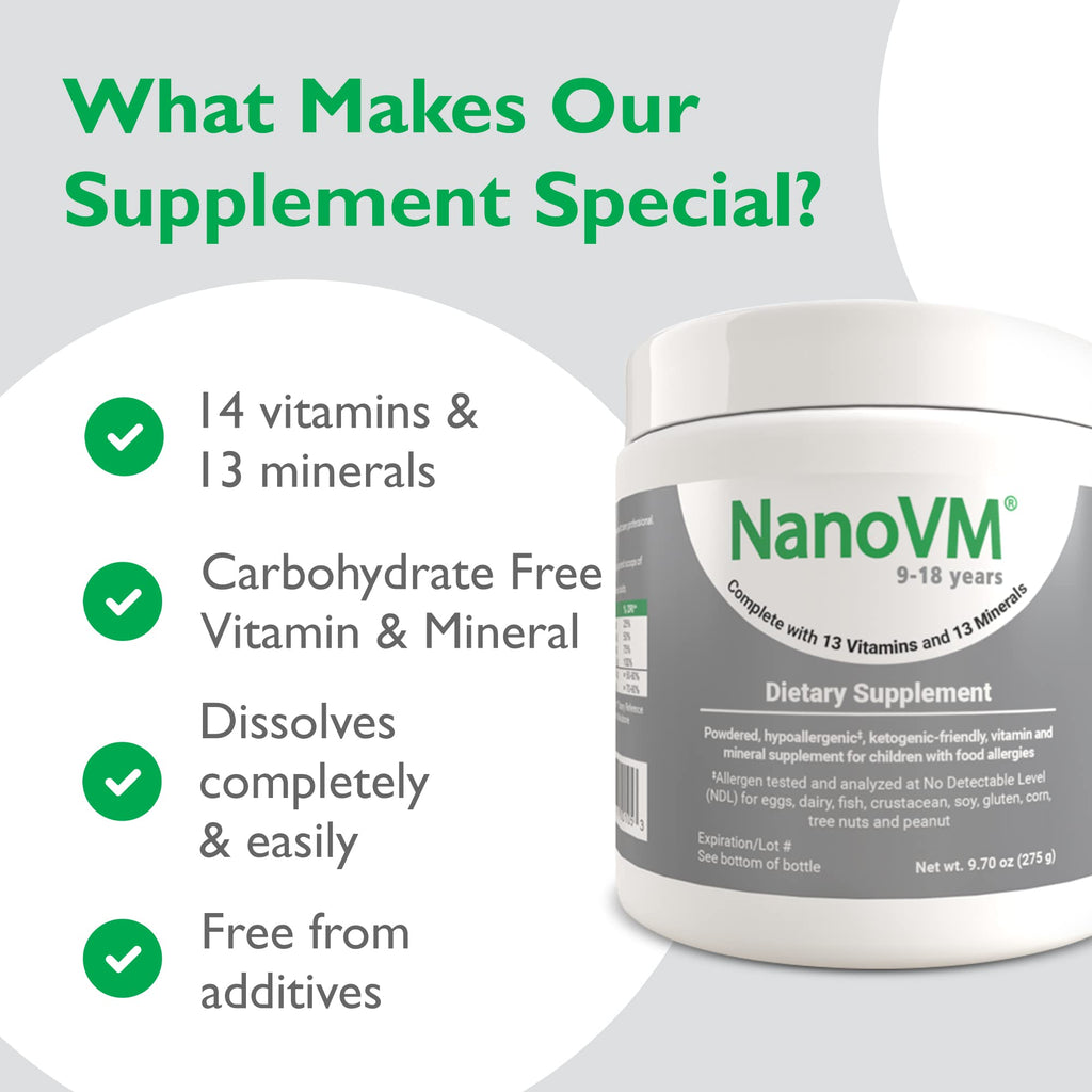 NanoVM 9-18 Years Allergen-Free Multivitamin Powder – Solace Nutrition (275g) Unflavored, Low-Carb