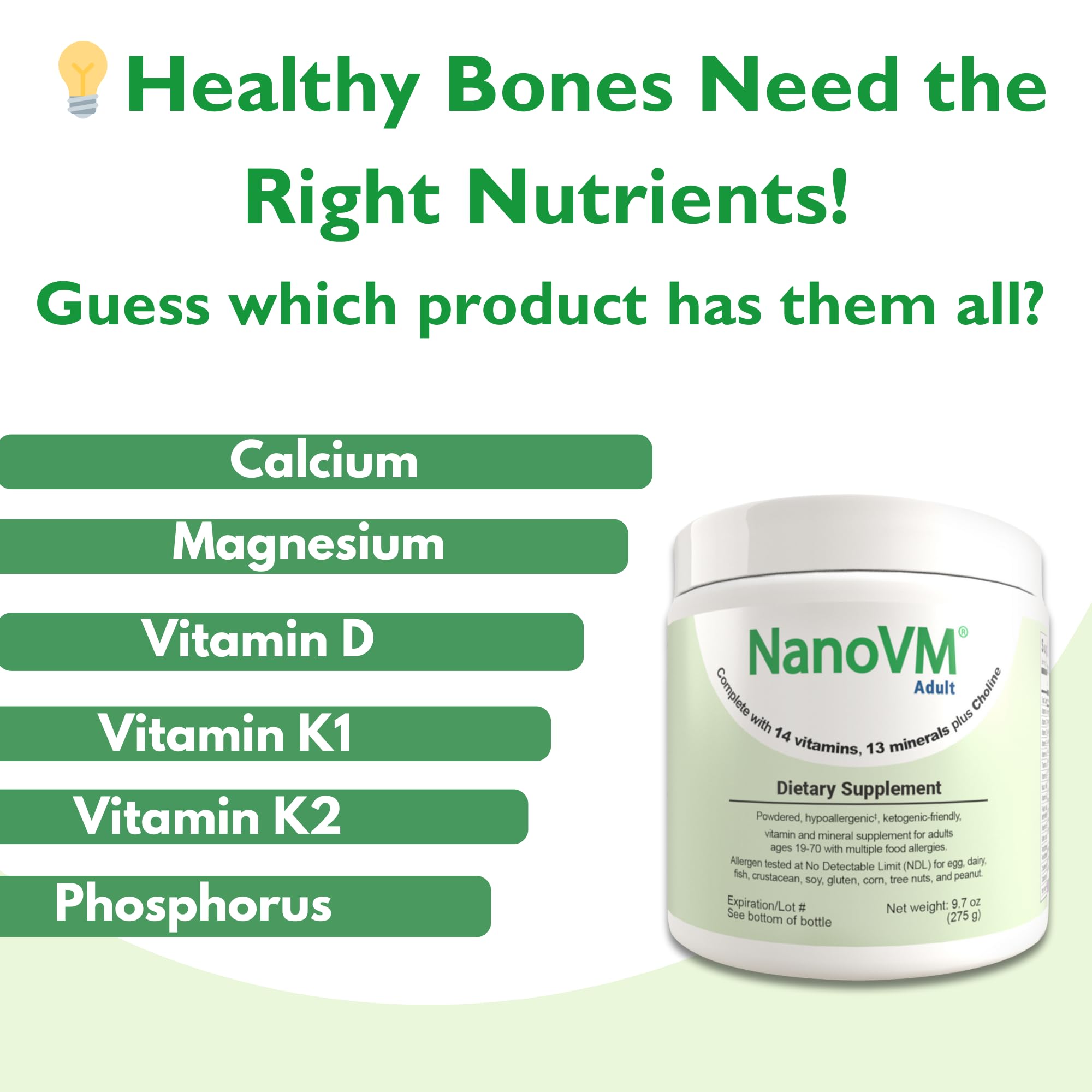 NanoVM Adult Allergen-Free Multivitamin Powder — 13 Vitamins & 13 Minerals, Low-Carb, 275g