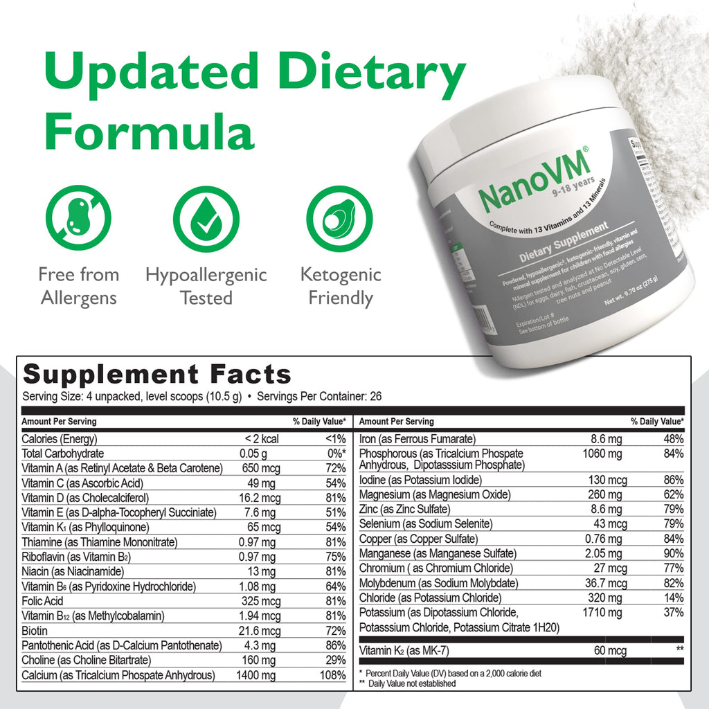 NanoVM 9-18 Years Allergen-Free Multivitamin Powder – Solace Nutrition (275g) Unflavored, Low-Carb