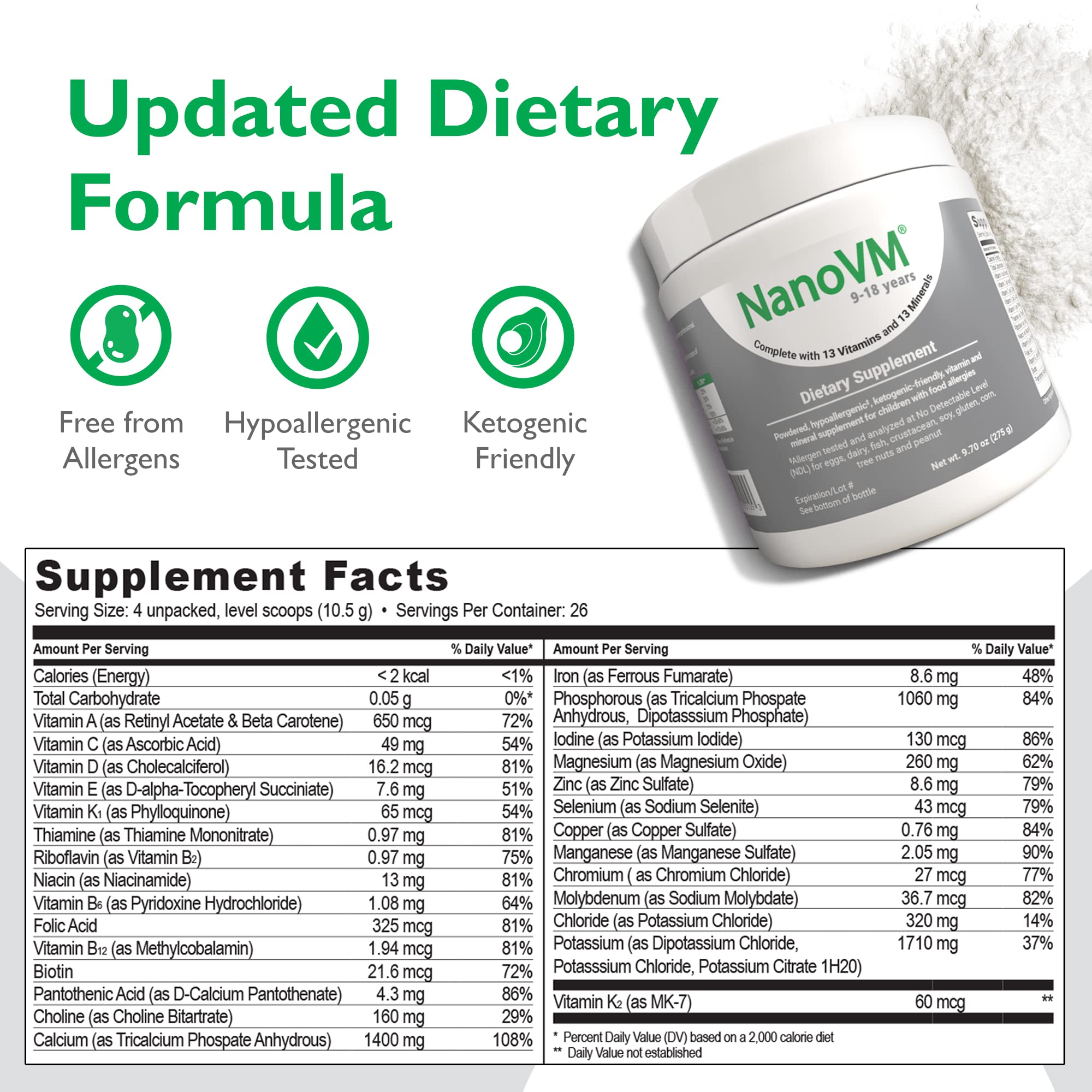 NanoVM 9-18 Years Allergen-Free Multivitamin Powder – Solace Nutrition (275g) Unflavored, Low-Carb