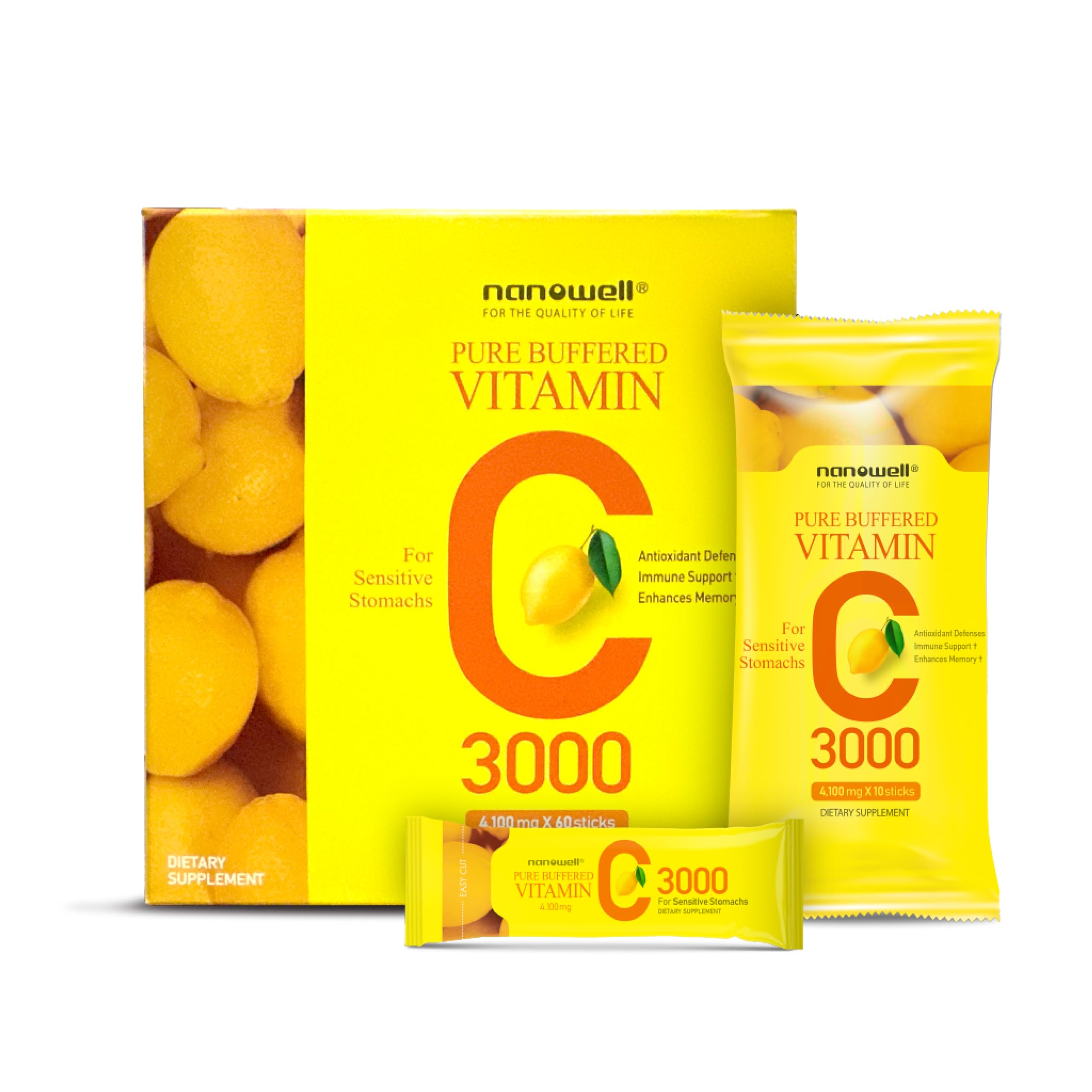 NANOWELL Pure Buffered Vitamin C 3000 mg - Immune Support, 60 Sticks