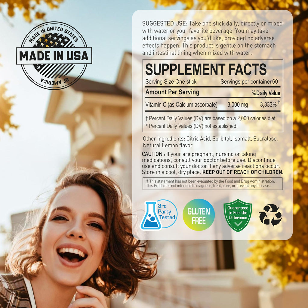 NANOWELL Pure Buffered Vitamin C 3000 mg - Immune Support, 60 Sticks