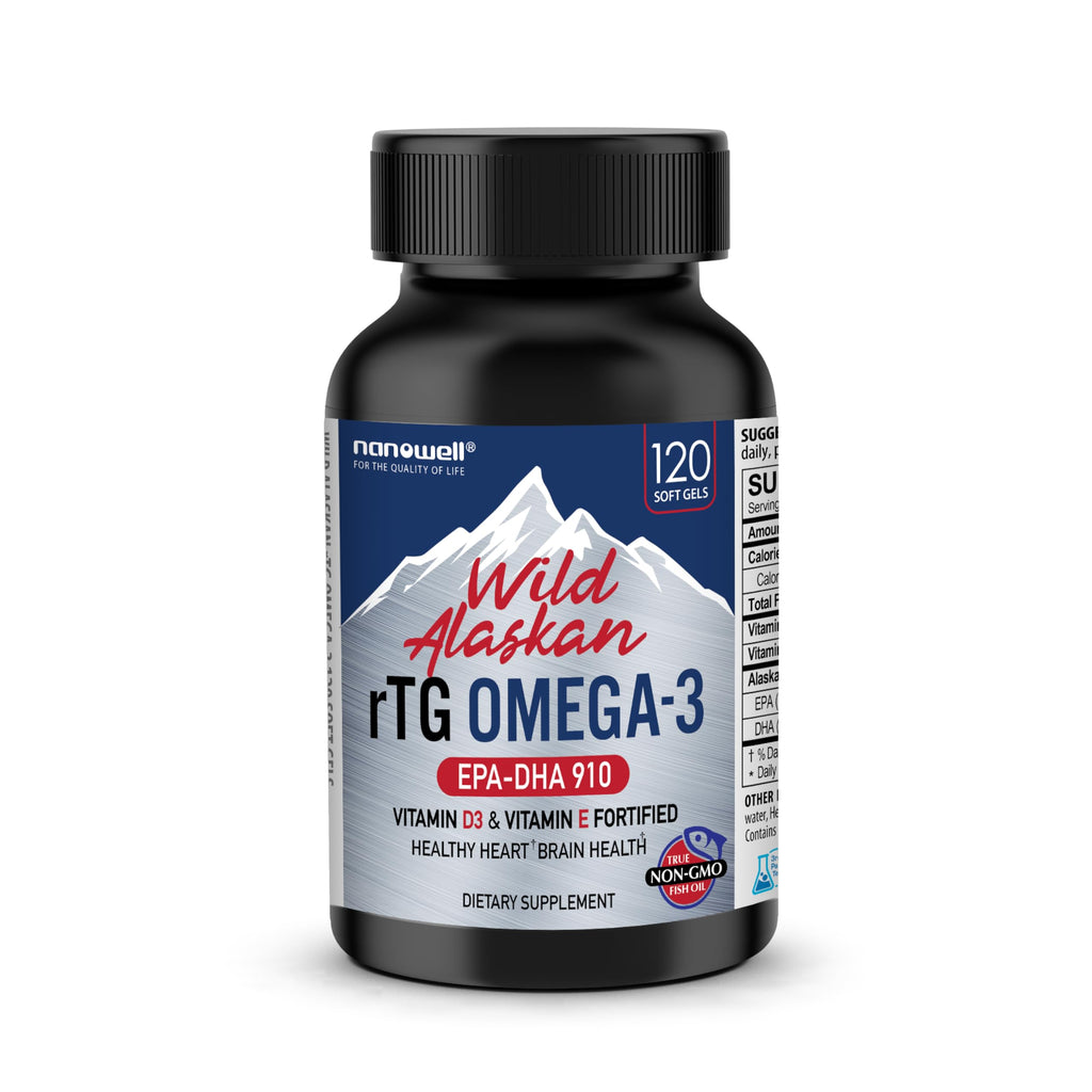 NANOWELL Wild Alaskan rTG Omega-3 Fish Oil 1196mg – EPA, DHA, Vitamin D3 & E | 120 Softgels