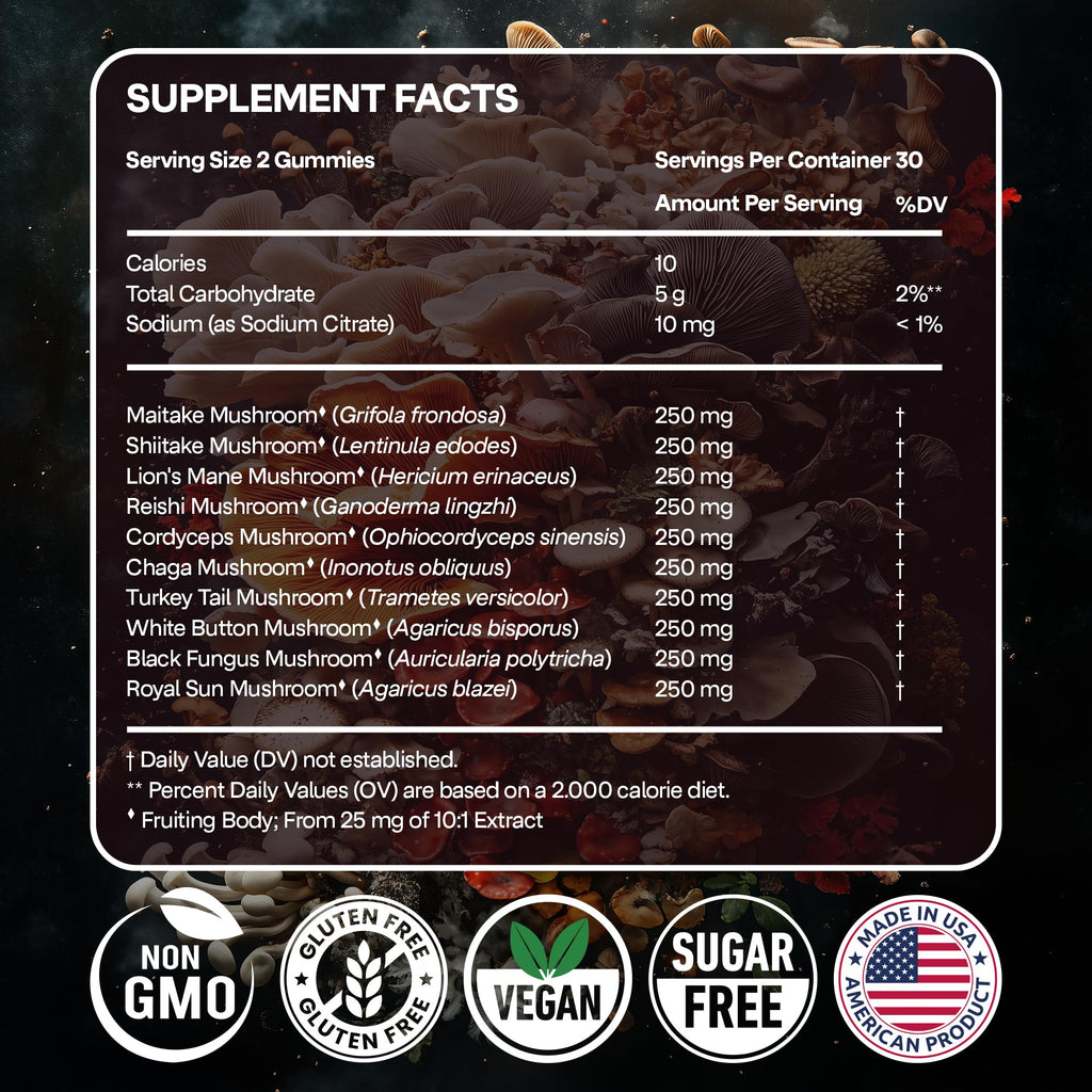 NAO Made in USA 10-in-1 Mushroom Gummies Nootropic – Brain, Immune & Energy Support (Non-GMO, Vegan)
