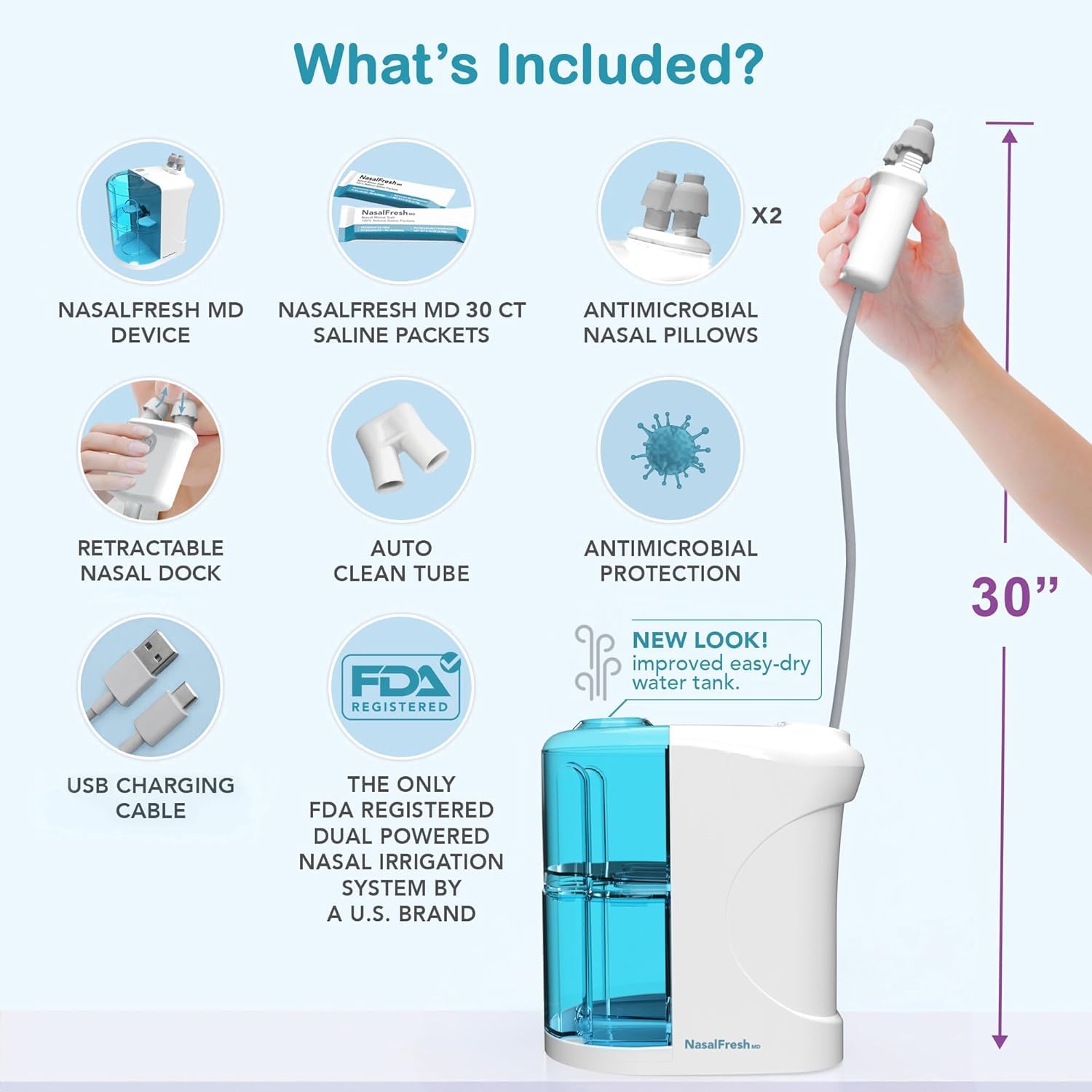 NASALFRESH MD Dual Powered Nasal Irrigation System – Rechargeable, 30 Saline Packets, 2 Nose Pillow Sets