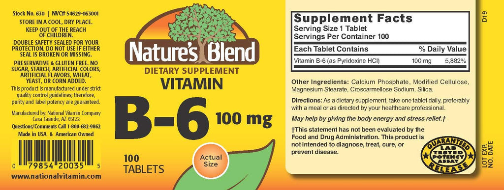 NAT B Vitamin B-6 TB 100MG – Vitamin B6 Supplement (100 Tablets)