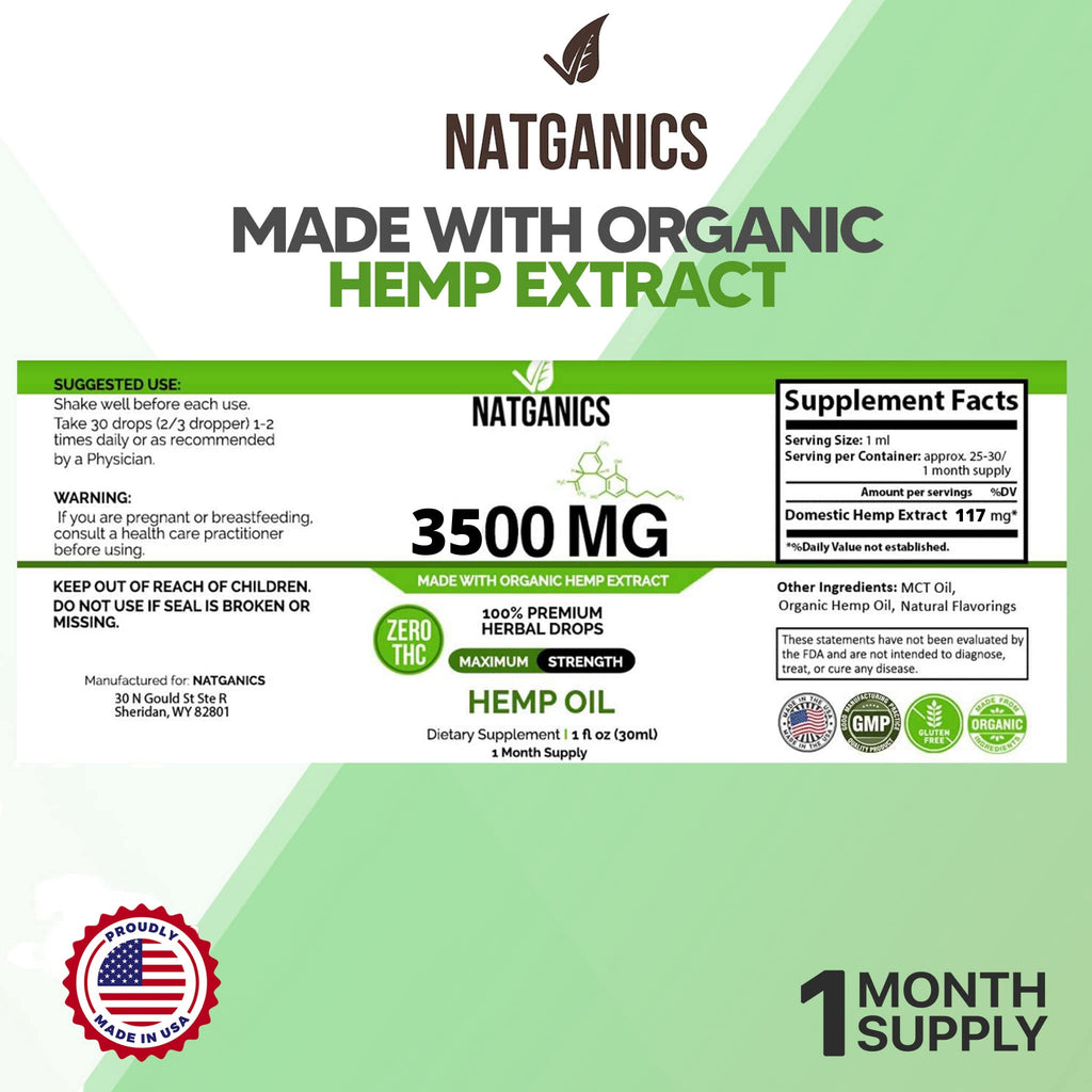 Natganics Organic Hemp Oil 3500mg – Ultra Premium CO2-Extracted Hemp Drops, USA Made