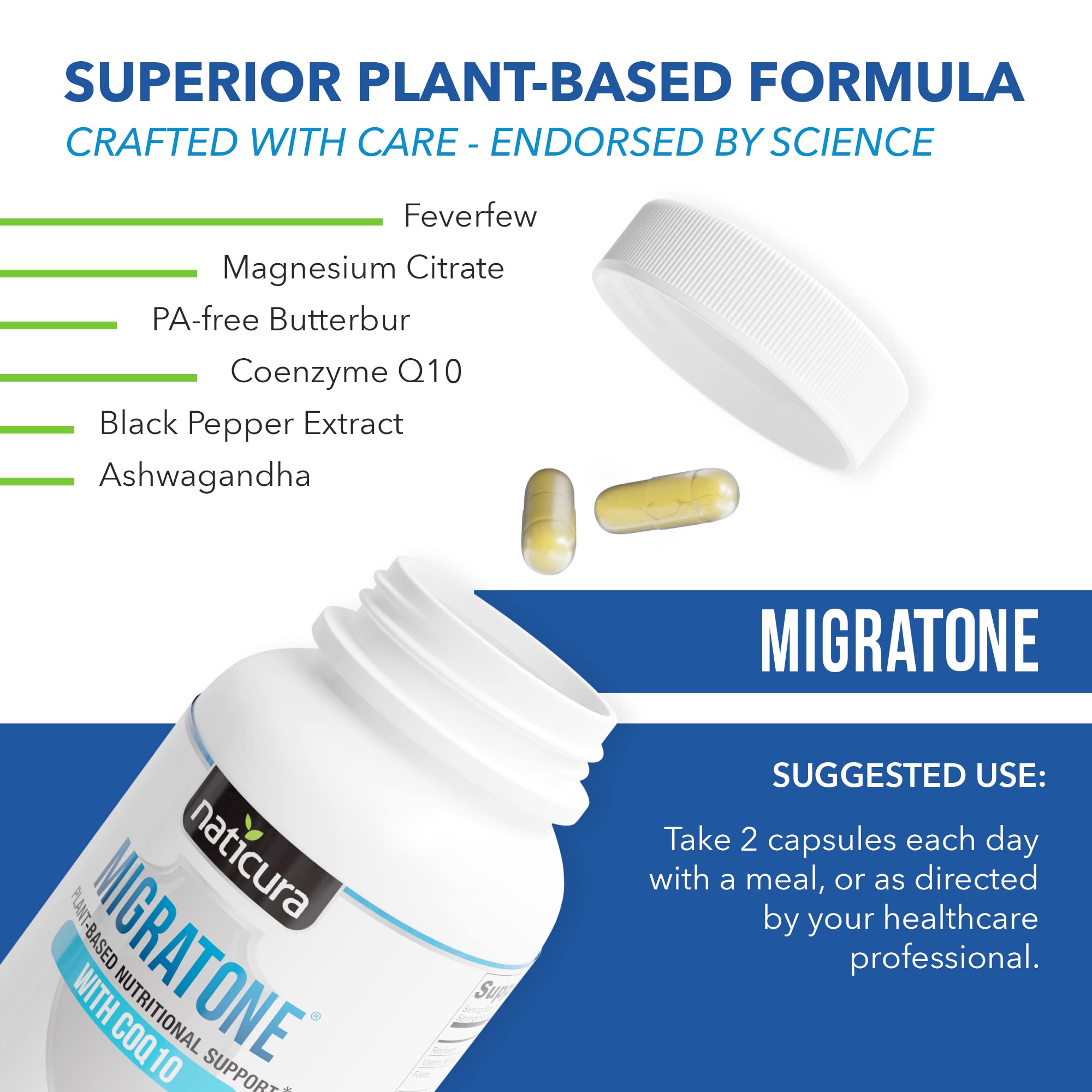 Migratone Headache Support Formula by Naticura – PA-Free Butterbur, Magnesium, B Vitamins & CoQ10