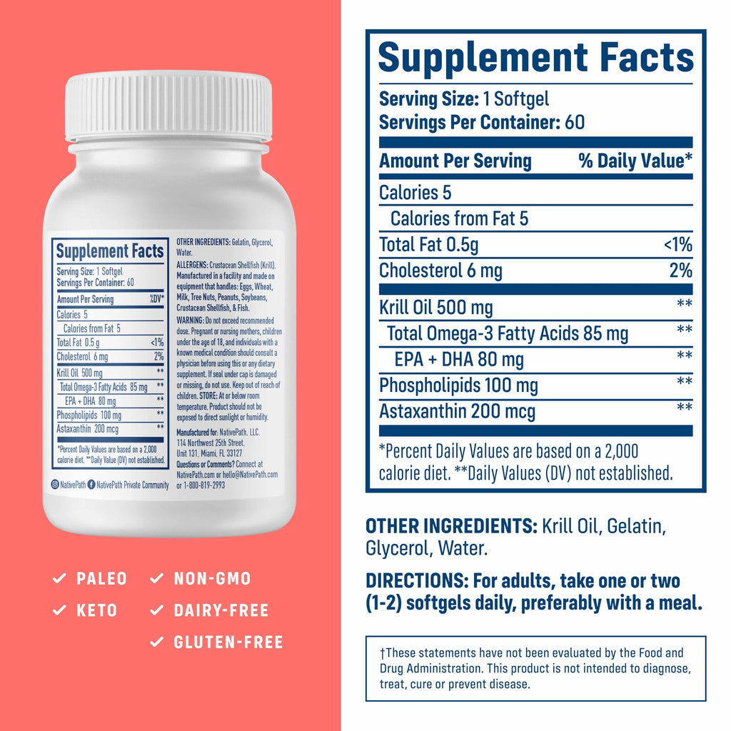 NativePath Antarctic Krill Oil 500mg Softgels | Wild-Caught Omega-3 EPA DHA & Astaxanthin | 60 Count