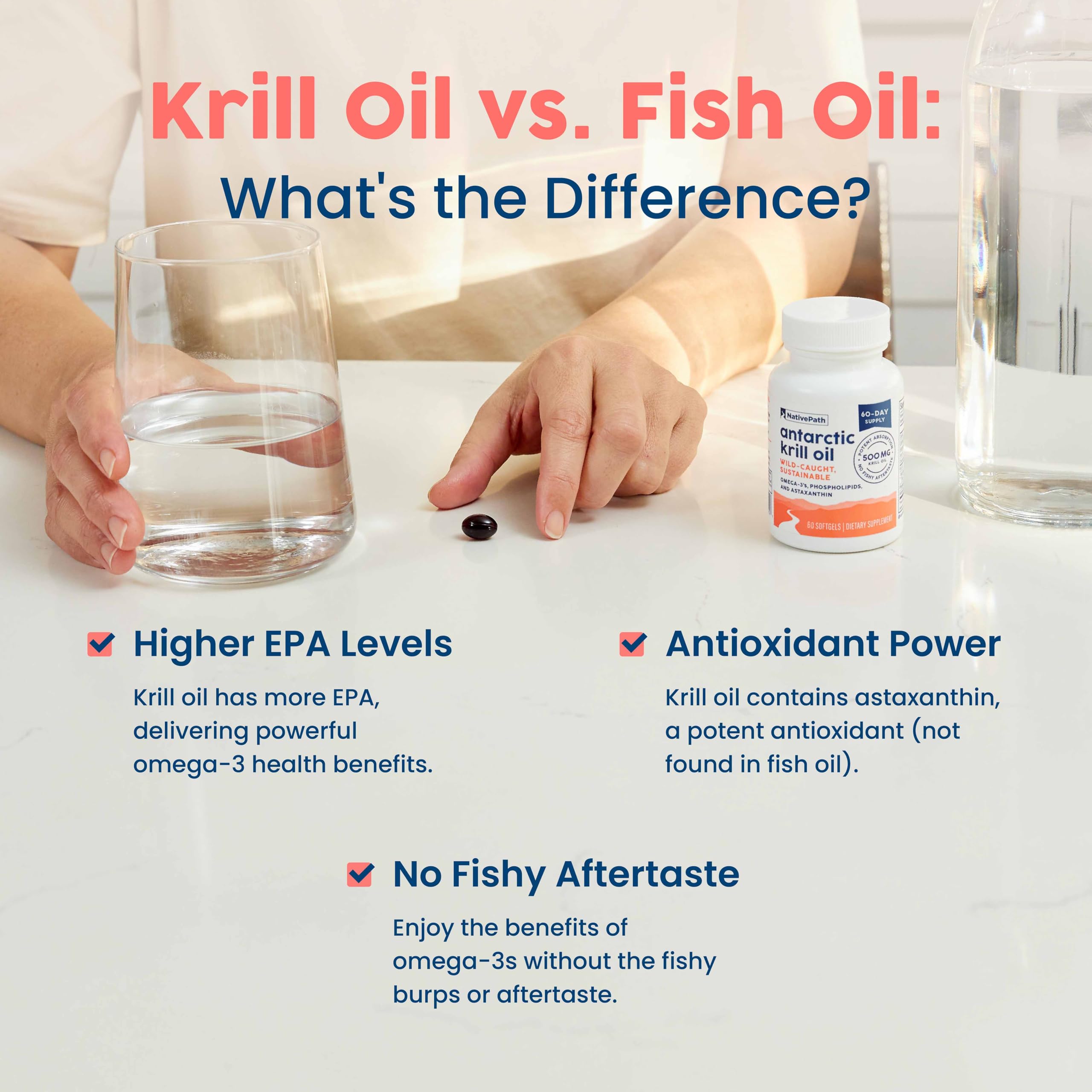 NativePath Antarctic Krill Oil 500mg Softgels | Wild-Caught Omega-3 EPA DHA & Astaxanthin | 60 Count