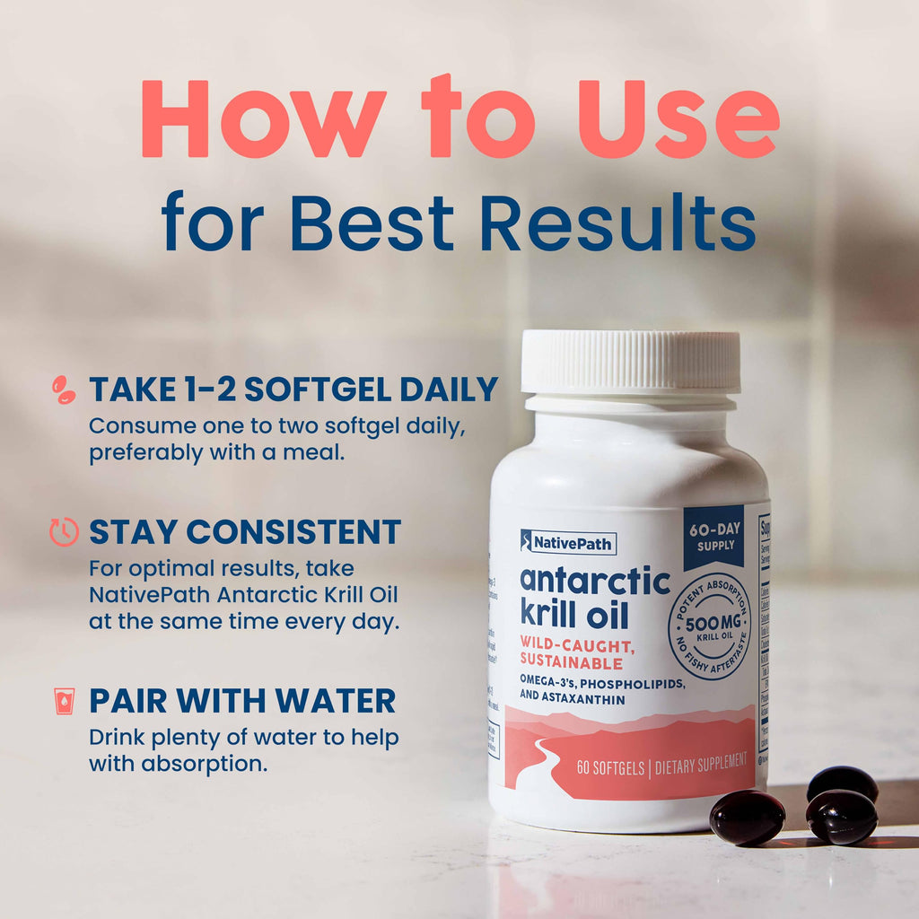 NativePath Antarctic Krill Oil 500mg Softgels | Wild-Caught Omega-3 EPA DHA & Astaxanthin | 60 Count