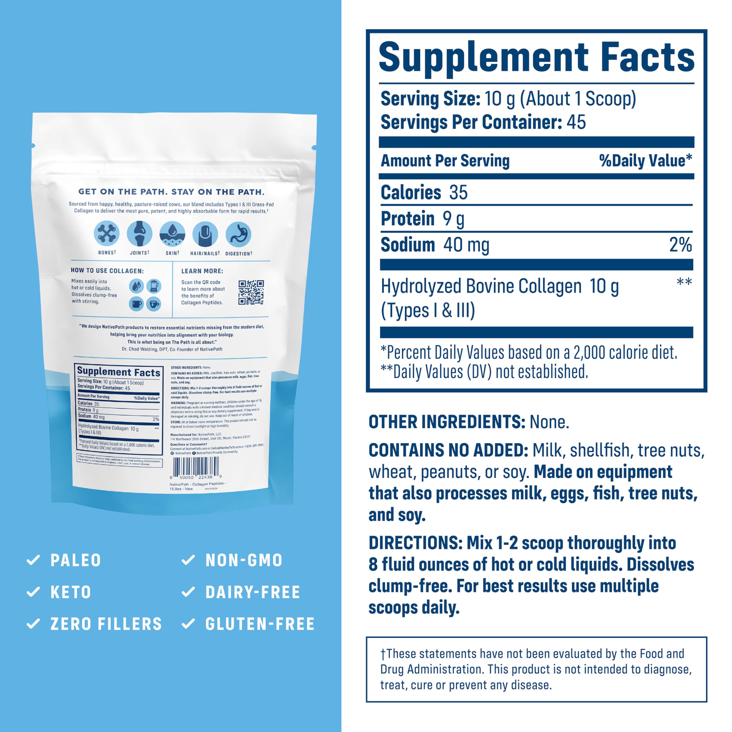 NativePath Collagen Peptides Protein – Hydrolyzed Type 1 & 3 Collagen Powder for Skin, Hair & Nails – 15.9 oz (45 Servings)