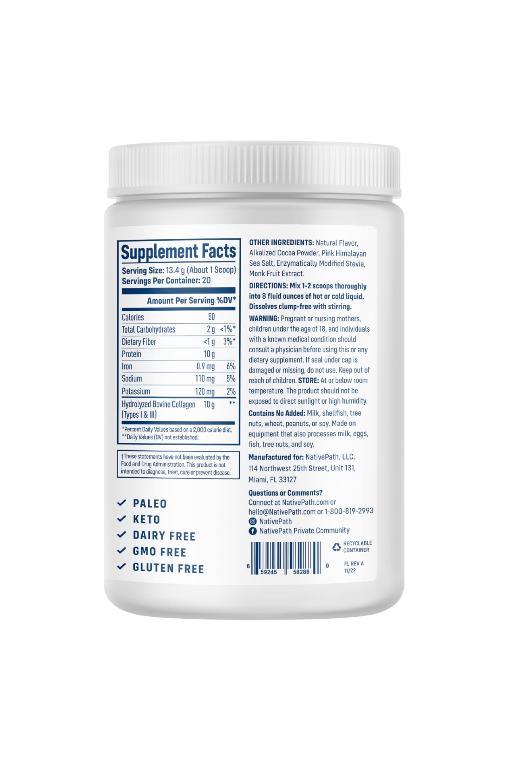 NativePath Collagen Peptides Chocolate – Hydrolyzed Type 1 & 3, Grass-Fed (268g)