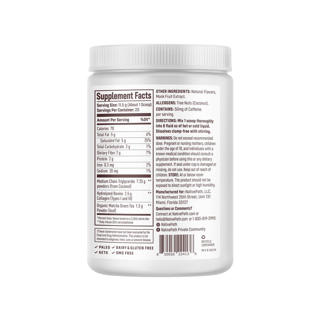 NativePath Collagen Peptides – Hydrolyzed Type I & III Collagen | Keto & Paleo, Grass-Fed, Matcha Latte 230g