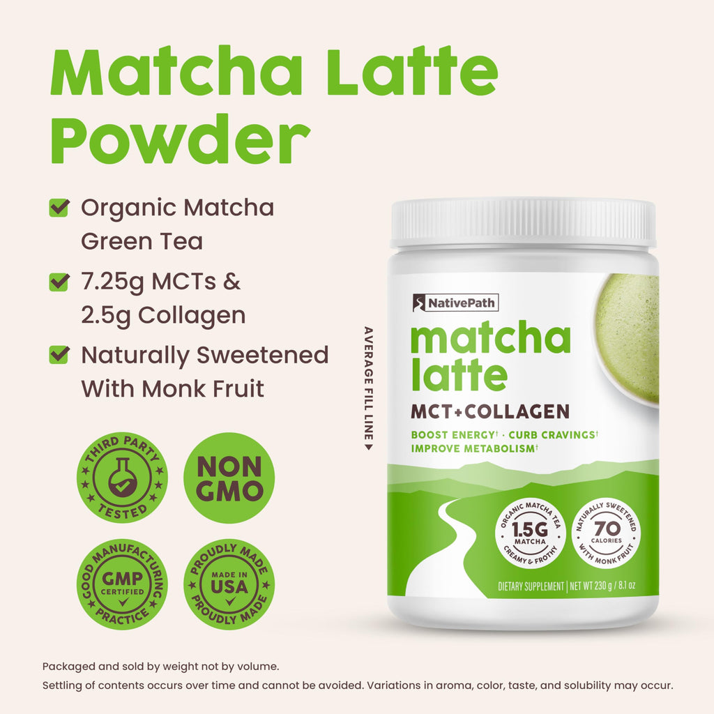 NativePath Collagen Peptides – Hydrolyzed Type I & III Collagen | Keto & Paleo, Grass-Fed, Matcha Latte 230g