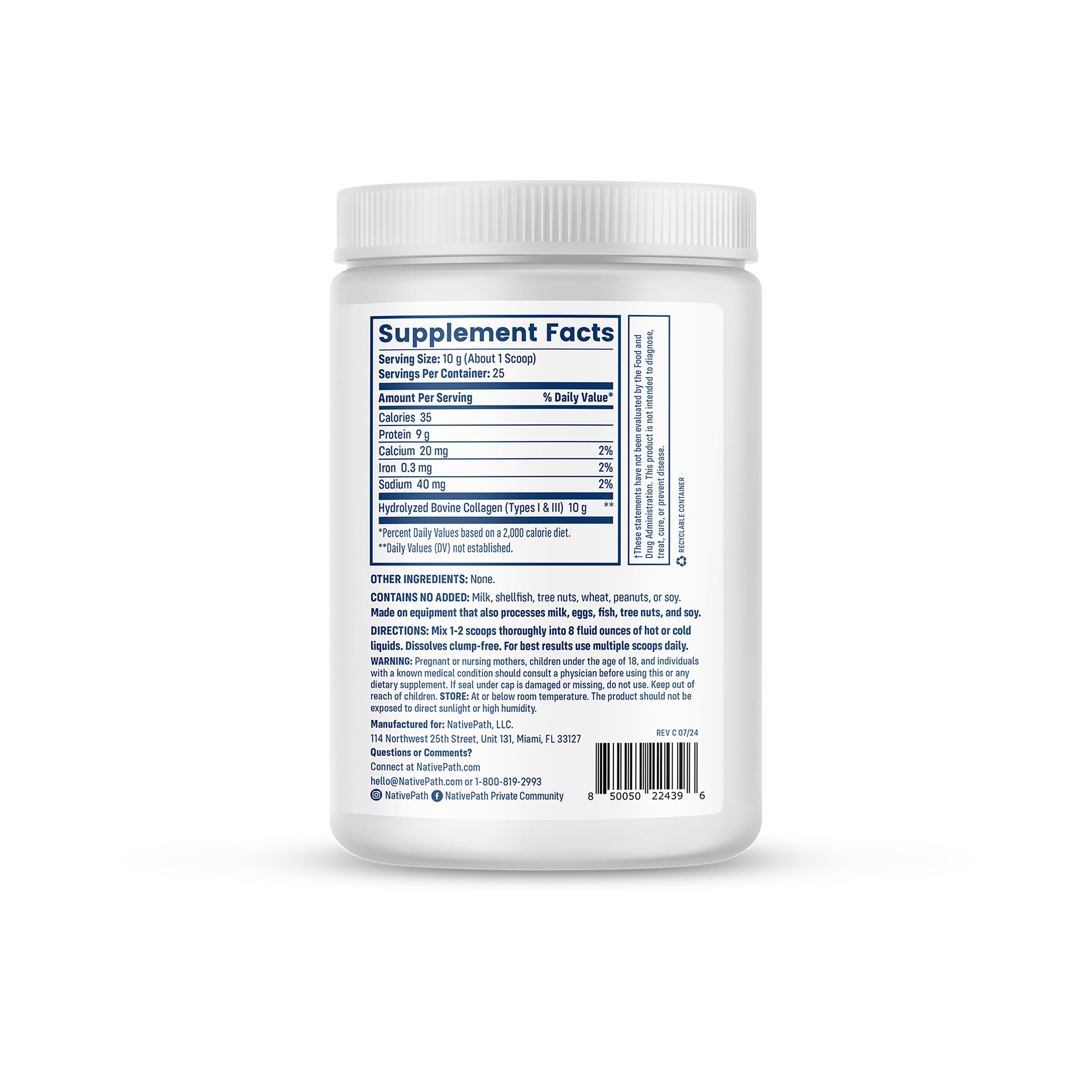 NativePath Collagen Peptides - Hydrolyzed Type I & III, 8.8 oz, 25 Servings