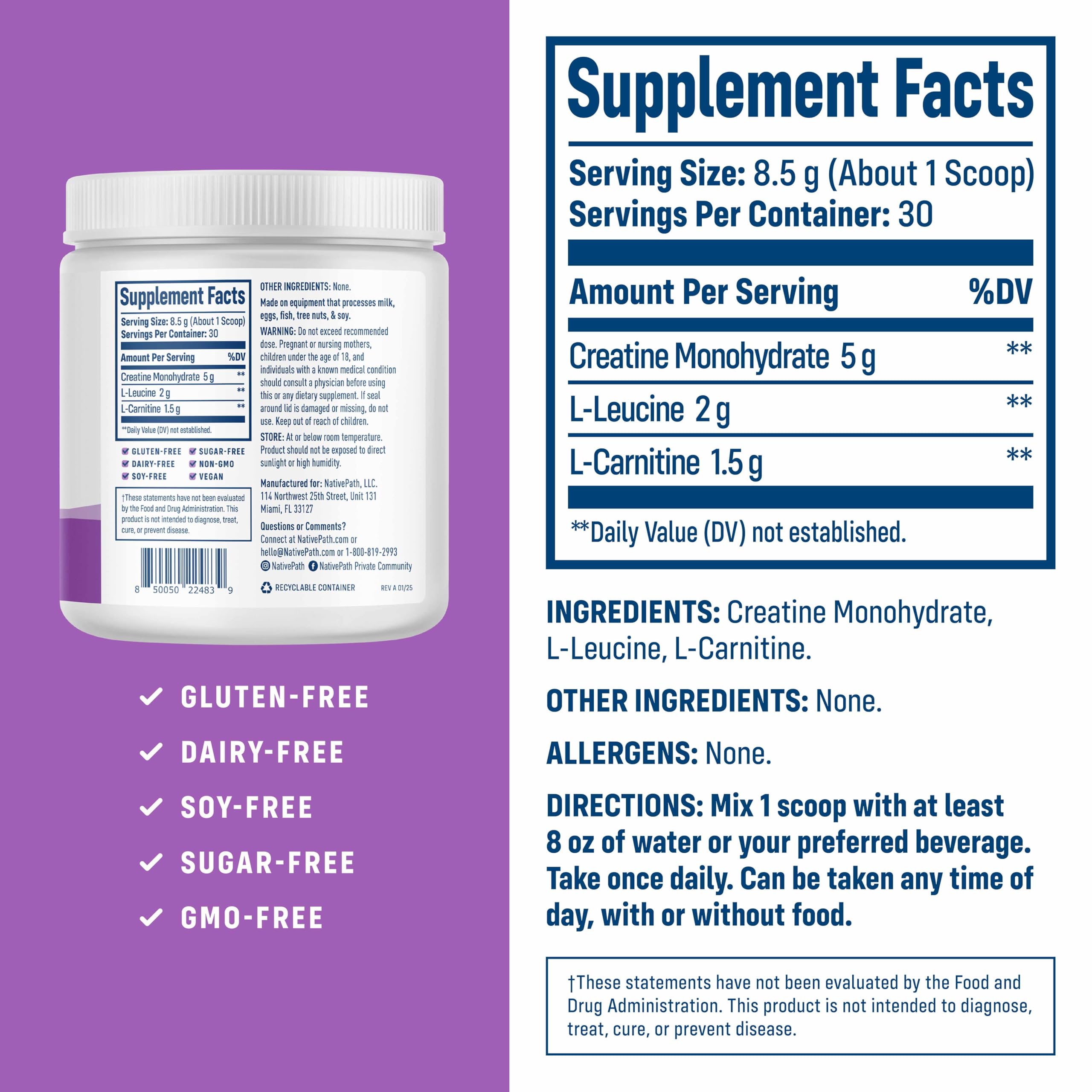 NativePath Creatine Monohydrate Powder with L-Leucine & L-Carnitine — 30 Servings
