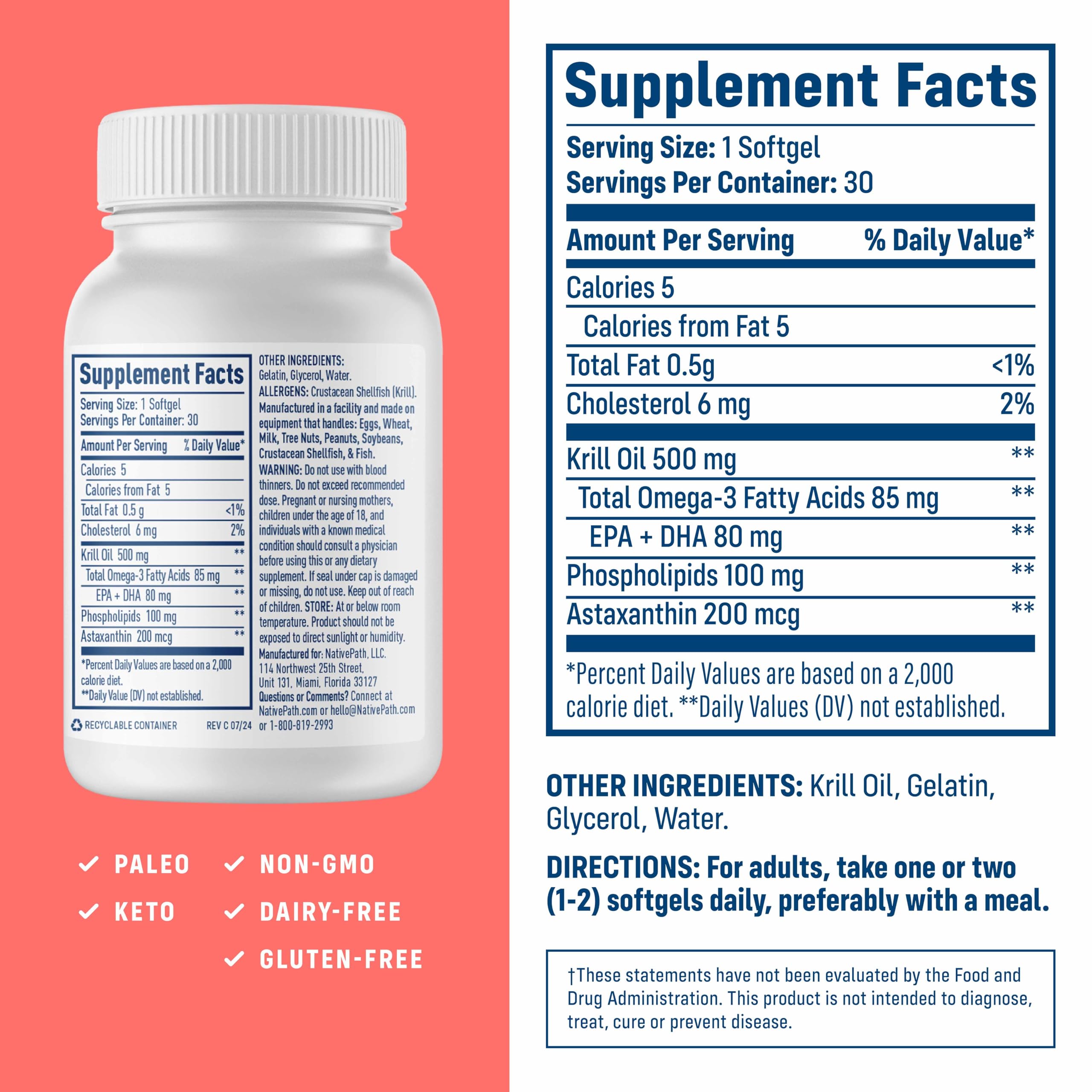 NativePath Krill Oil 500mg + Astaxanthin 200mcg | Phospholipid Omega-3 EPA/DHA, 30 Softgels