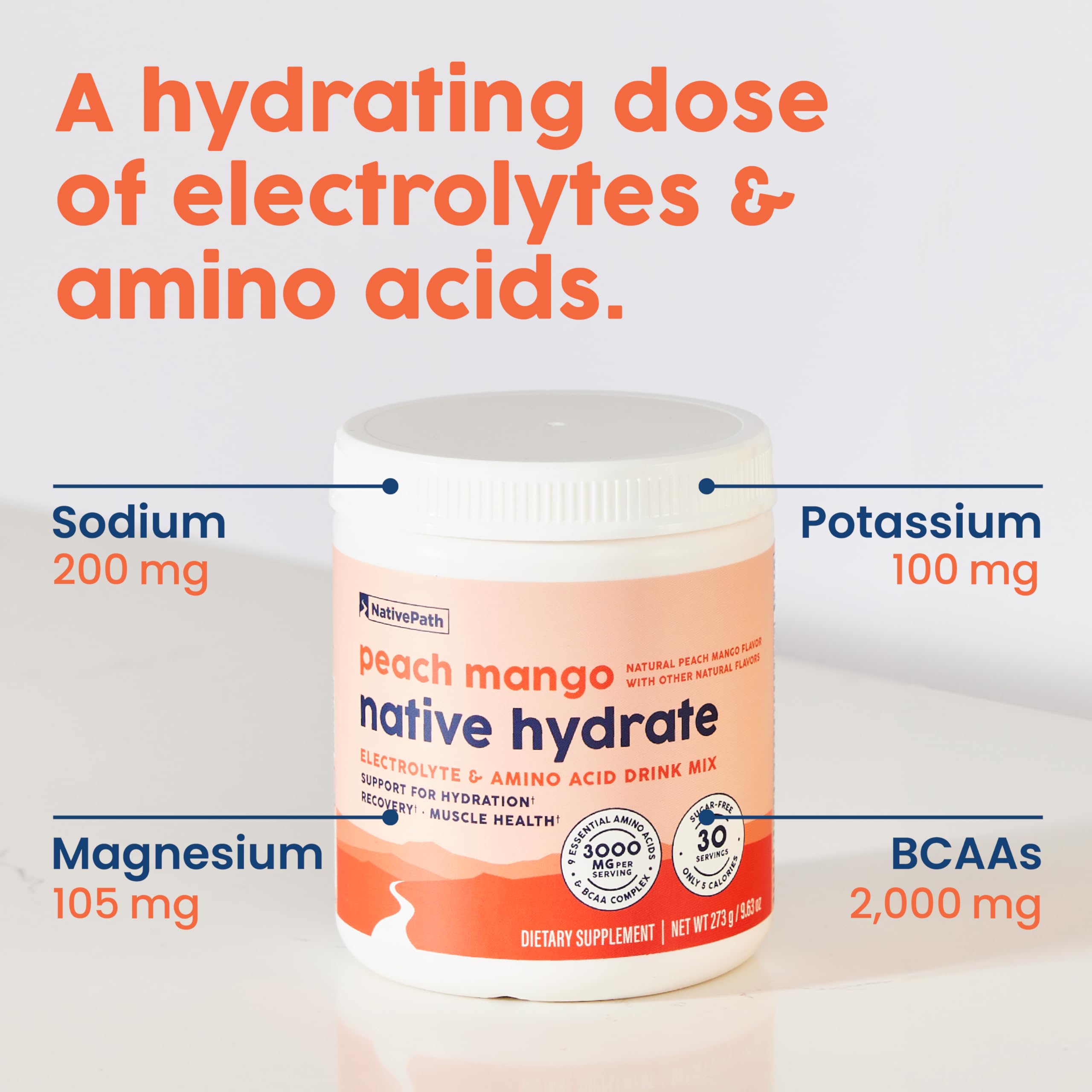 NativePath Native Hydrate – Zero-Sugar Electrolyte Powder with BCAAs (Peach Mango)