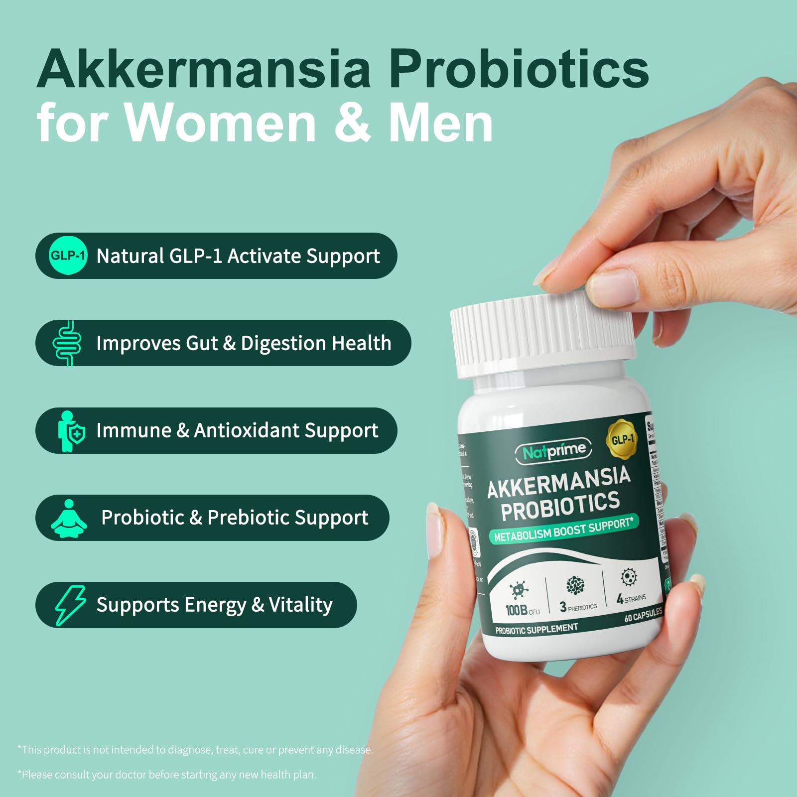 Natprime Akkermansia Probiotic GLP-1 Supplement – 100B CFU Akkermansia Muciniphila, Prebiotic Fiber, Metabolism & Gut Health | 60 Capsules