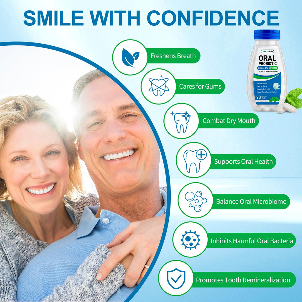 Natprime Oral Health Probiotics – 90 Mint Lozenges, 8B CFU, 6 Strains + Prebiotics & Calcium