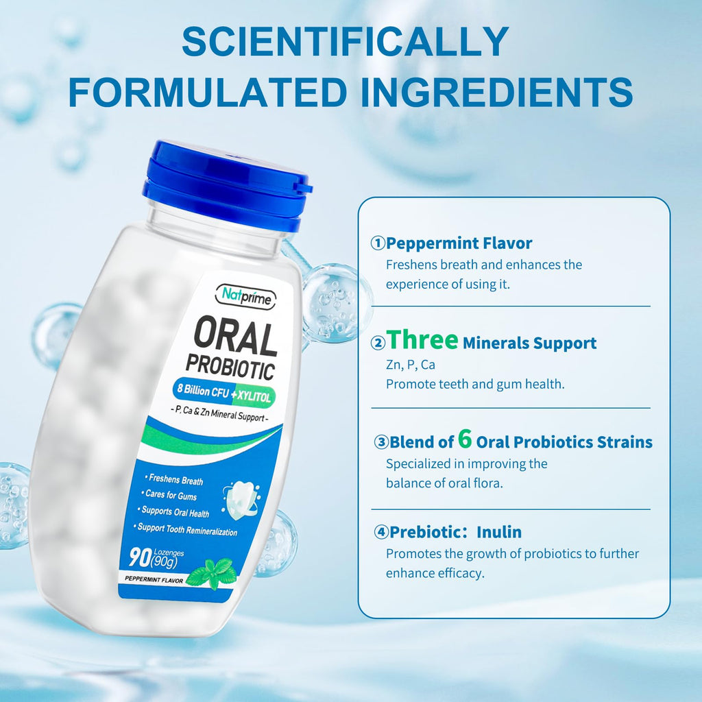 Natprime Oral Health Probiotics – 90 Mint Lozenges, 8B CFU, 6 Strains + Prebiotics & Calcium