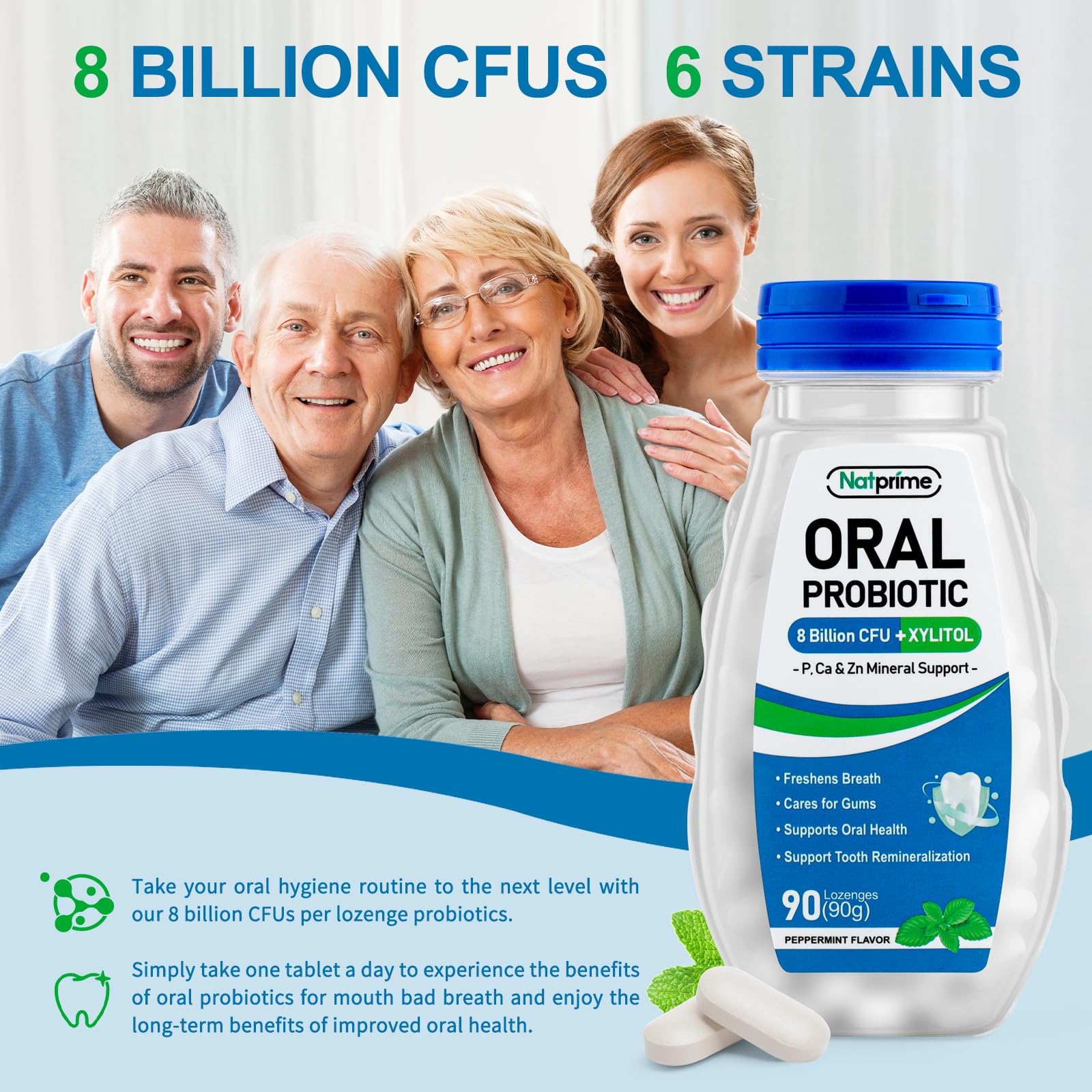Natprime Oral Health Probiotics – 90 Mint Lozenges, 8B CFU, 6 Strains + Prebiotics & Calcium