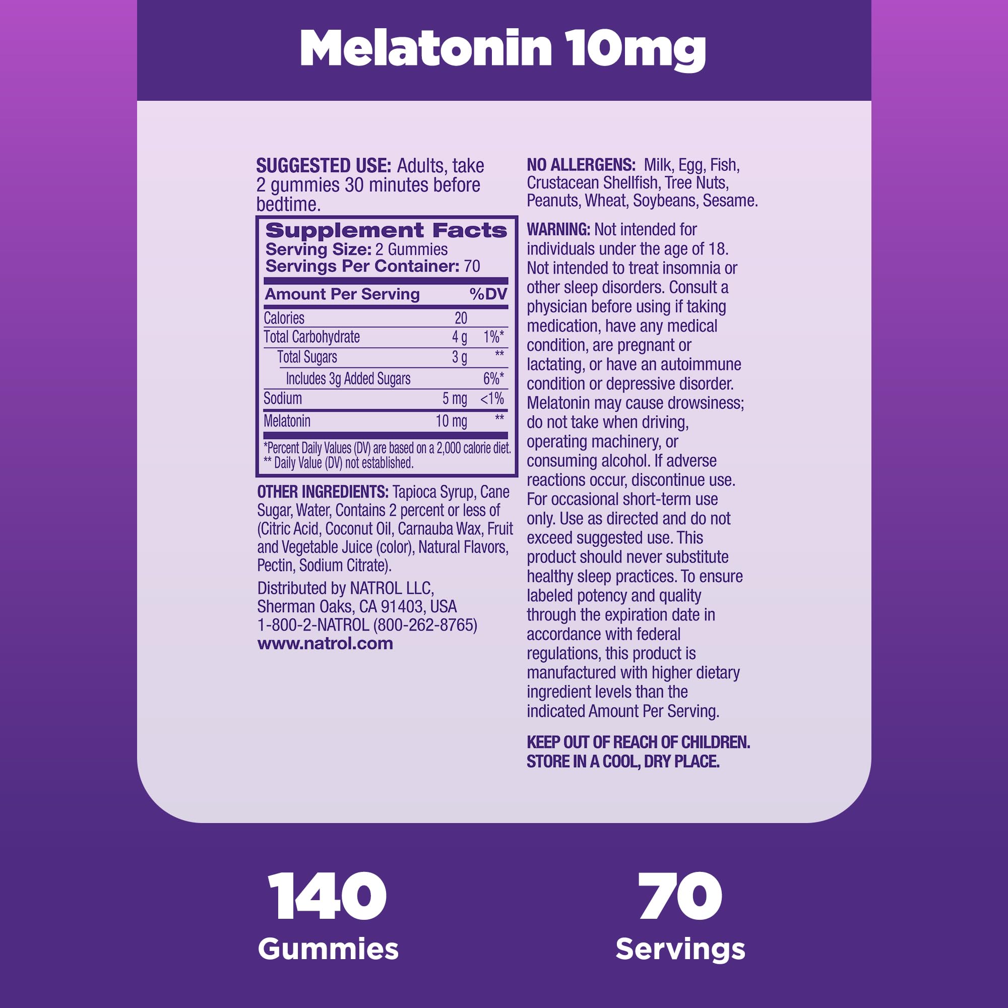 Natrol 10 mg Melatonin Gummies – Sleep Support for Adults, 140 Strawberry Gummies, 70-Day Supply