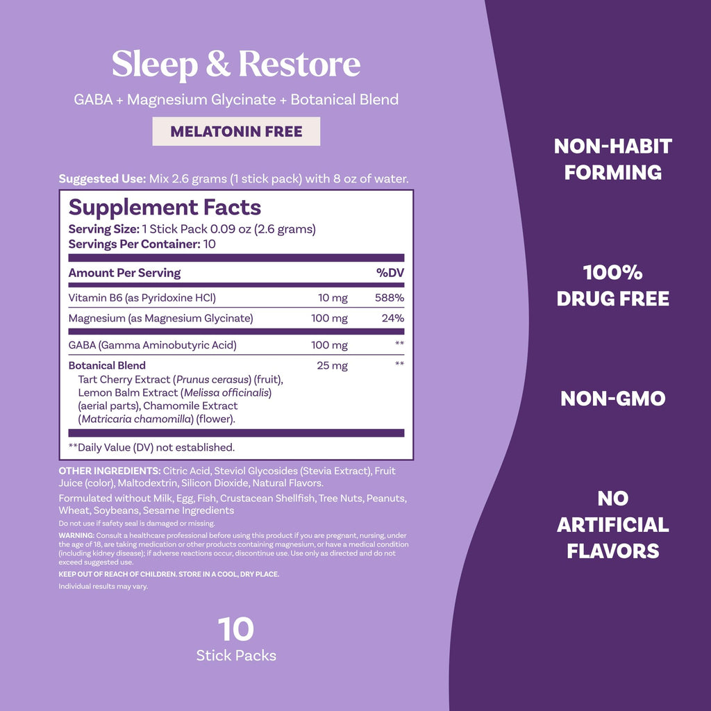Natrol Sleep + Restore Calming Drink Mix with Magnesium Glycinate, GABA, Lemon Chamomile – 10 Stick Packs