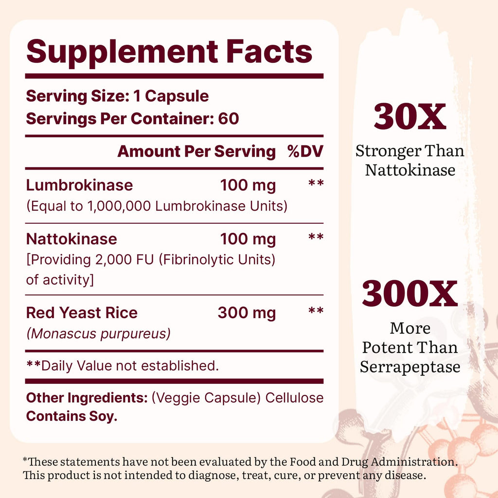 Yasumako Lumbrokinase 100mg + Nattokinase 100mg + Red Yeast Rice 300mg — 600 Capsules (Pack of 10)