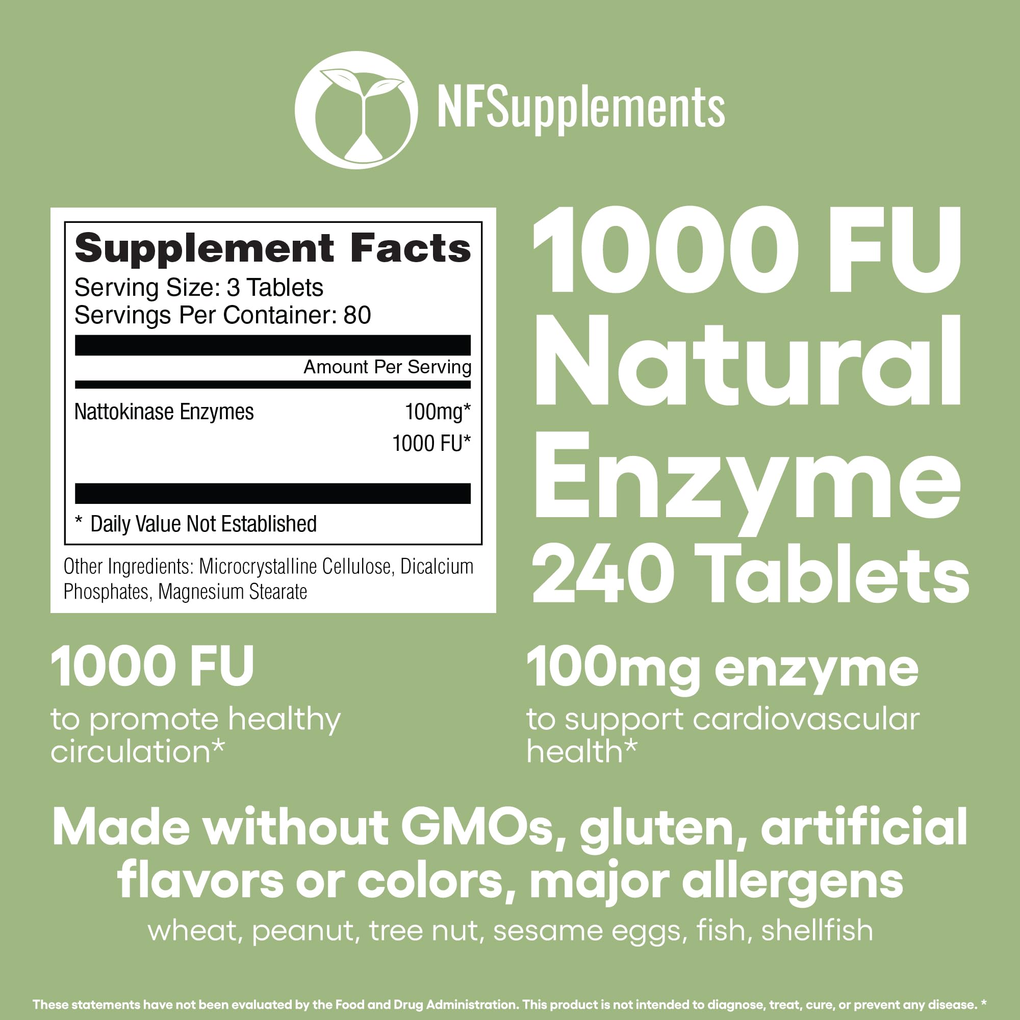 Nattokinase Enzymes Supplement - 240 Tablets, 1000 FU, Gluten Free, Non-GMO, Vegan