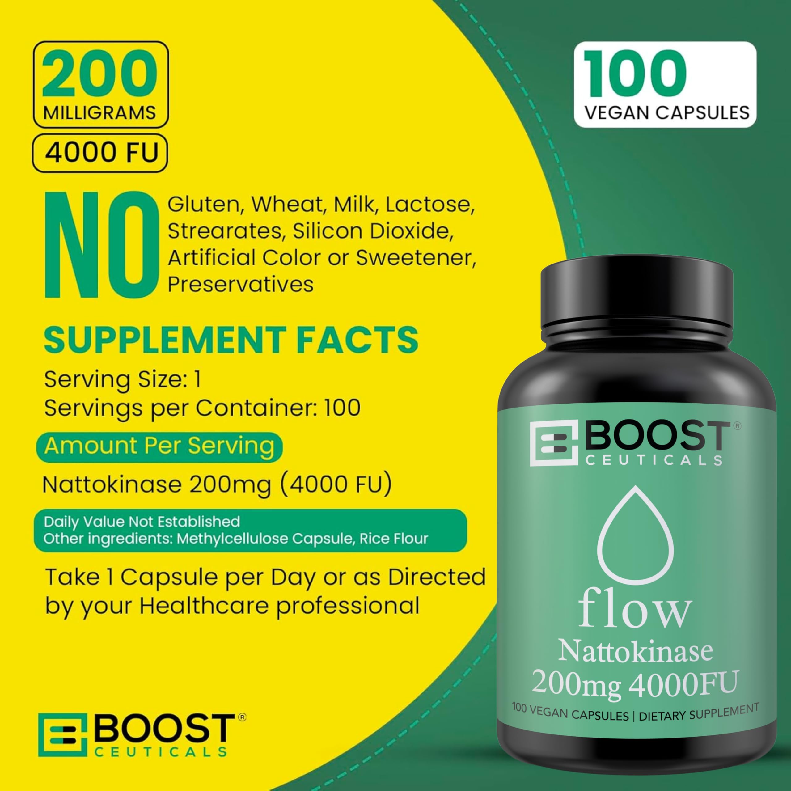 Nattokinase 4000 FU 200mg - Vegan No Stearates Gluten Free - Pure Natural Blood Thinner & Blood Flow Supplement - 100 Capsules / 100 Days Supply