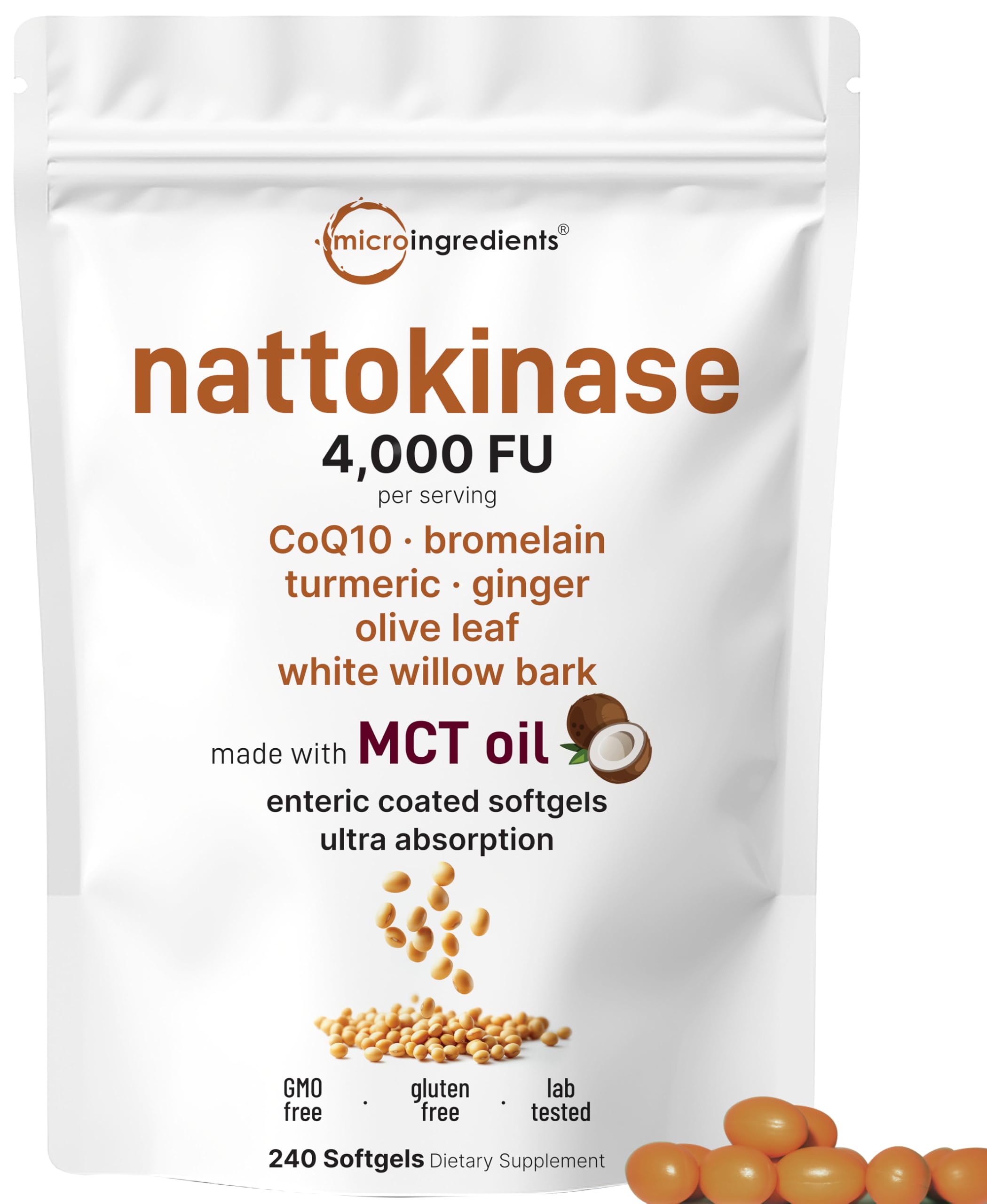 Nattokinase 4,000 FU Enteric Softgels with MCT Oil – 7-in-1 Cardiovascular Support (240 Softgels)