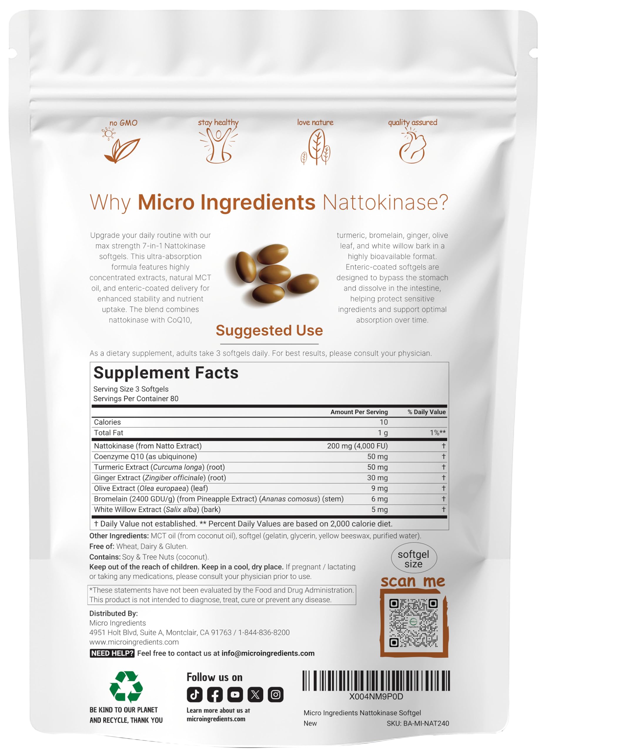 Nattokinase 4,000 FU Enteric Softgels with MCT Oil – 7-in-1 Cardiovascular Support (240 Softgels)